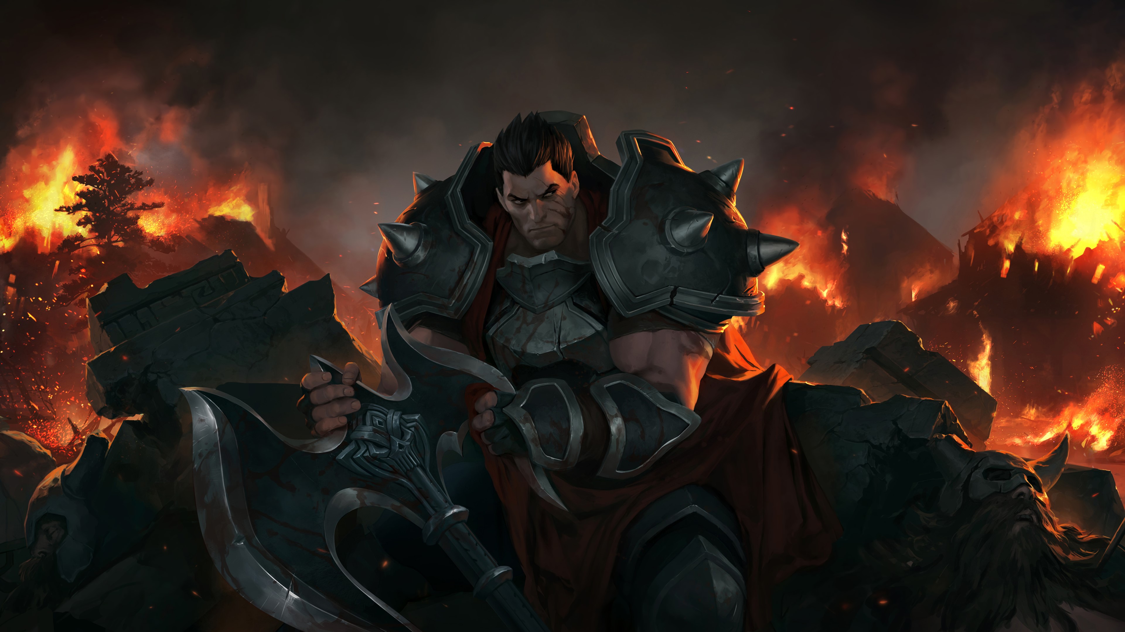 Darius from League of Legends in a burning landscape HD Wallpaper