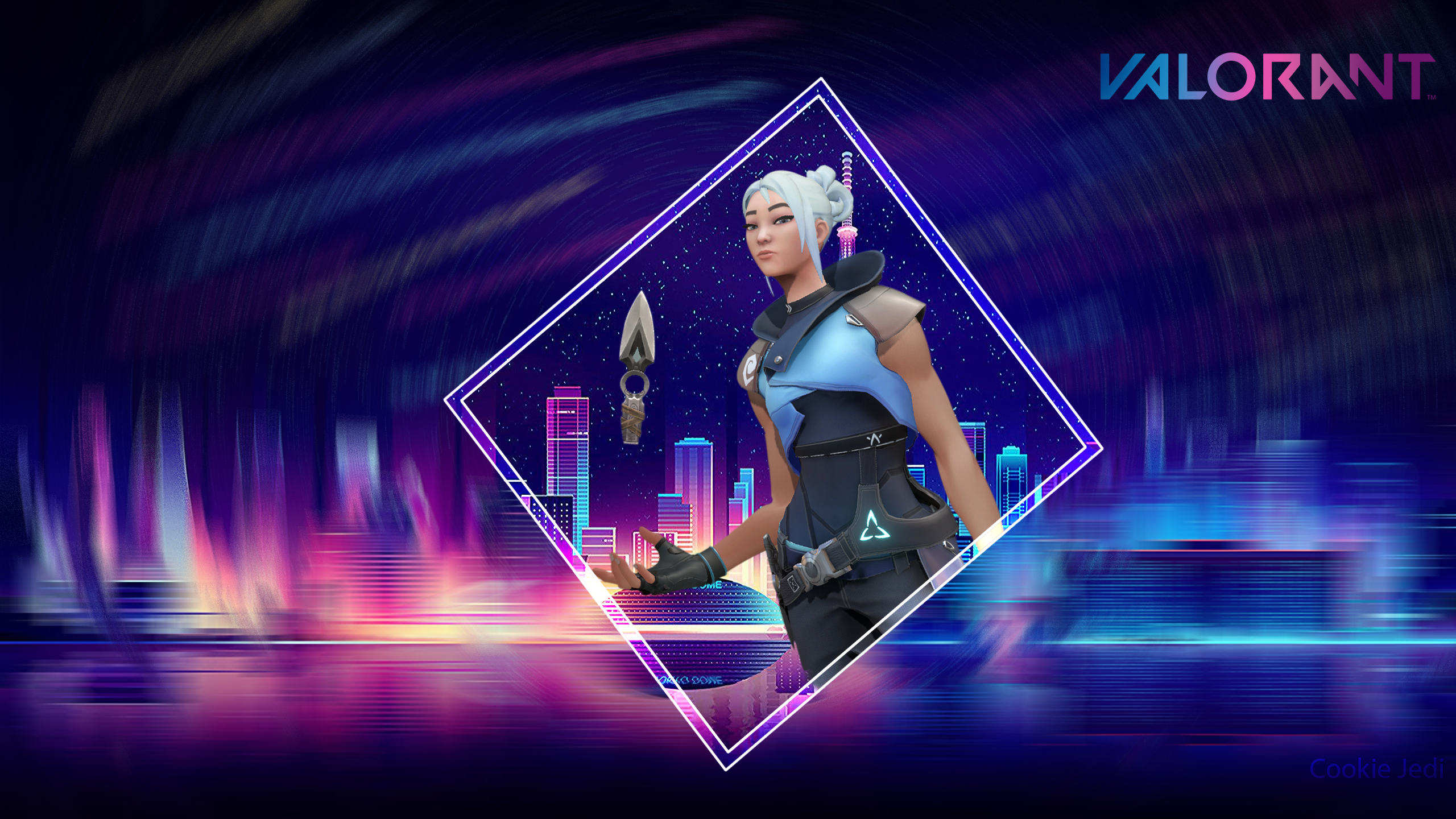 Jett from Valorant in a neon cityscape HD Wallpaper
