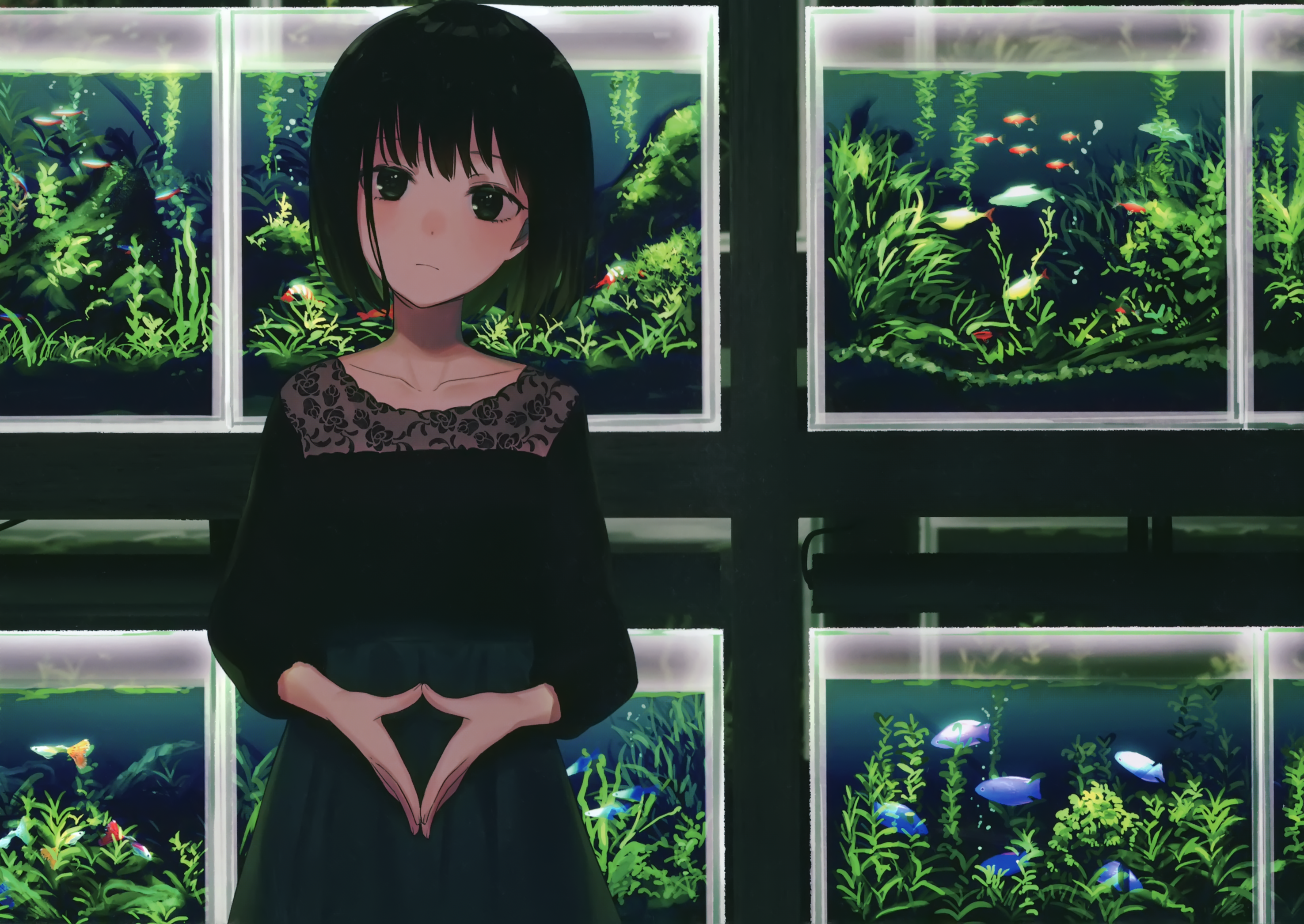 Anime girl in black dress in front of aquariums HD Wallpaper