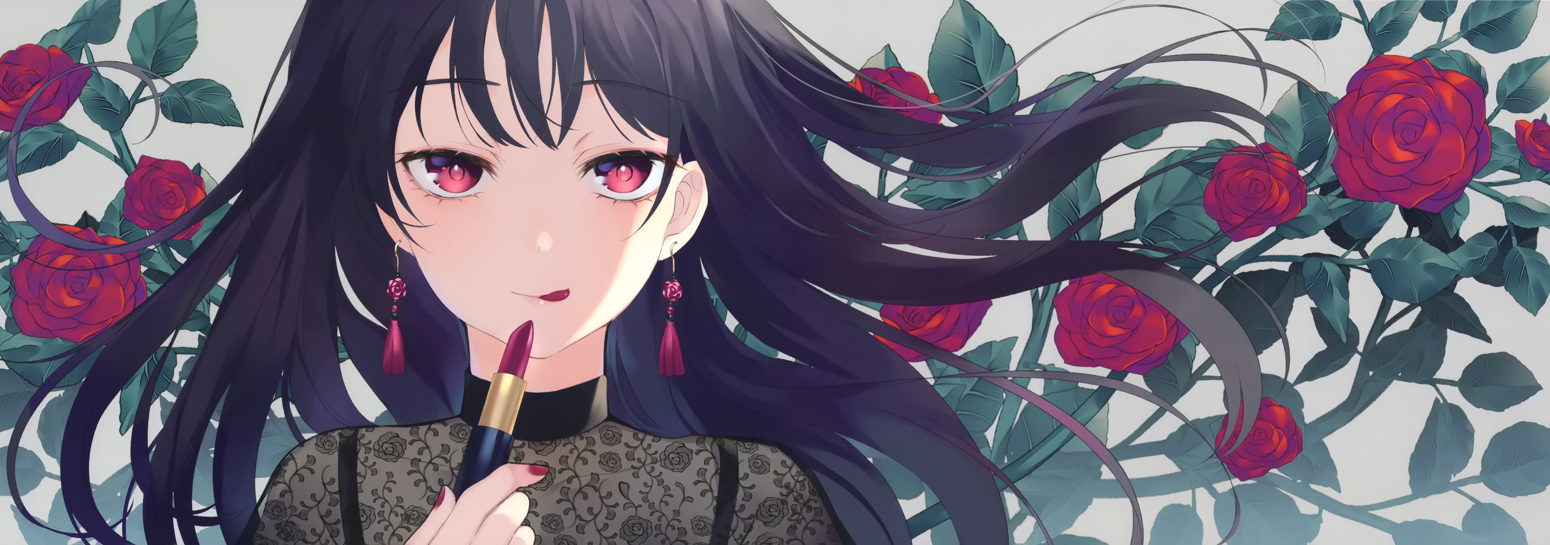 Anime girl with red eyes applying lipstick near roses HD Wallpaper