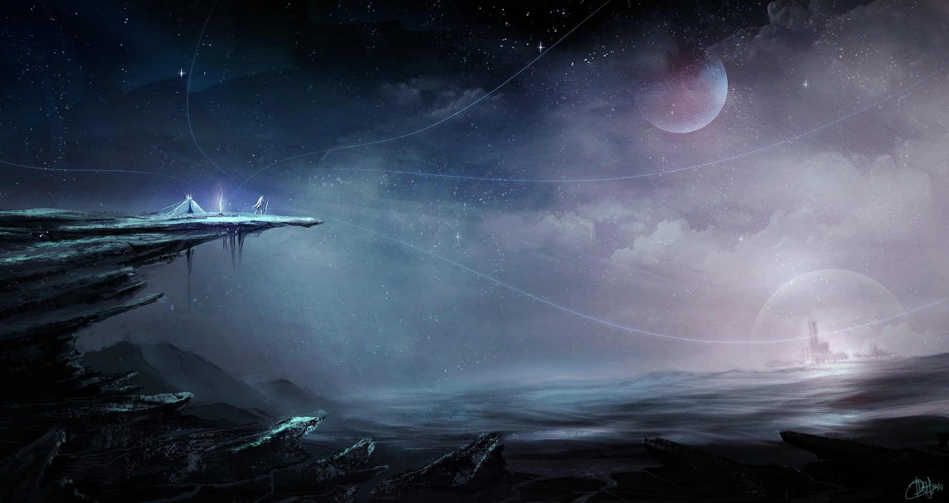 Science fiction landscape with planets and structures HD Wallpaper