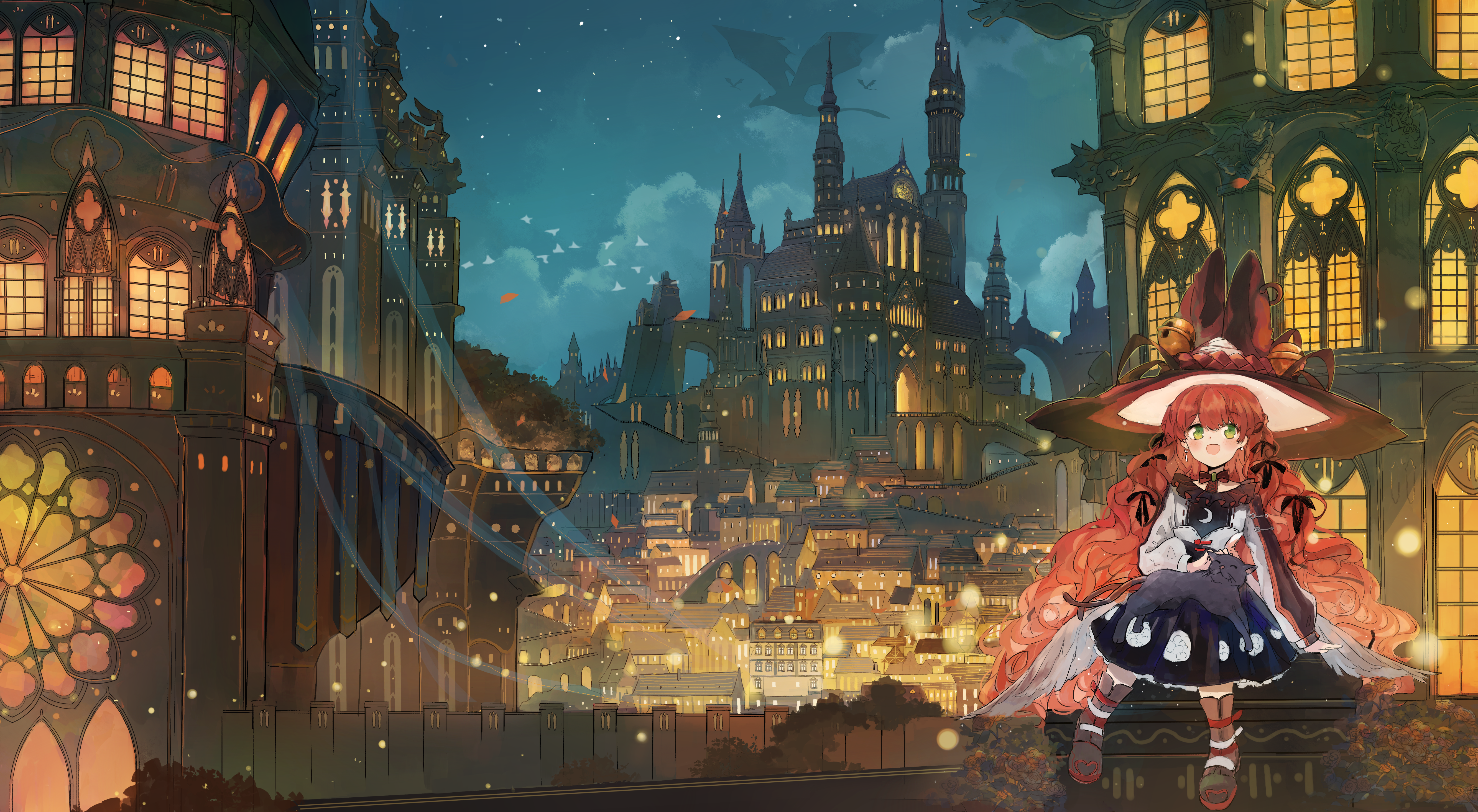 Anime girl with red hair and cat in fantasy city at night HD Wallpaper