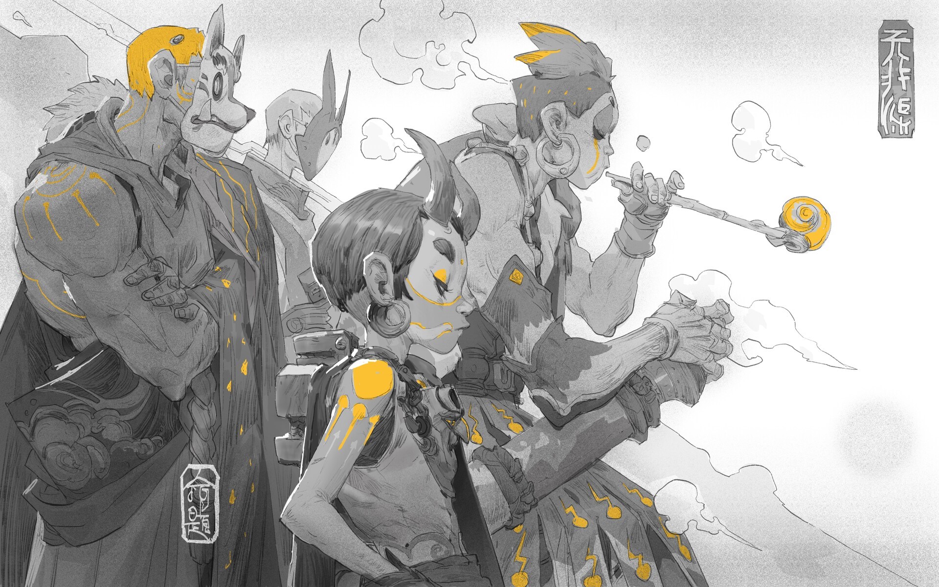 Characters with masks and yellow accents in a stylized drawing HD Wallpaper