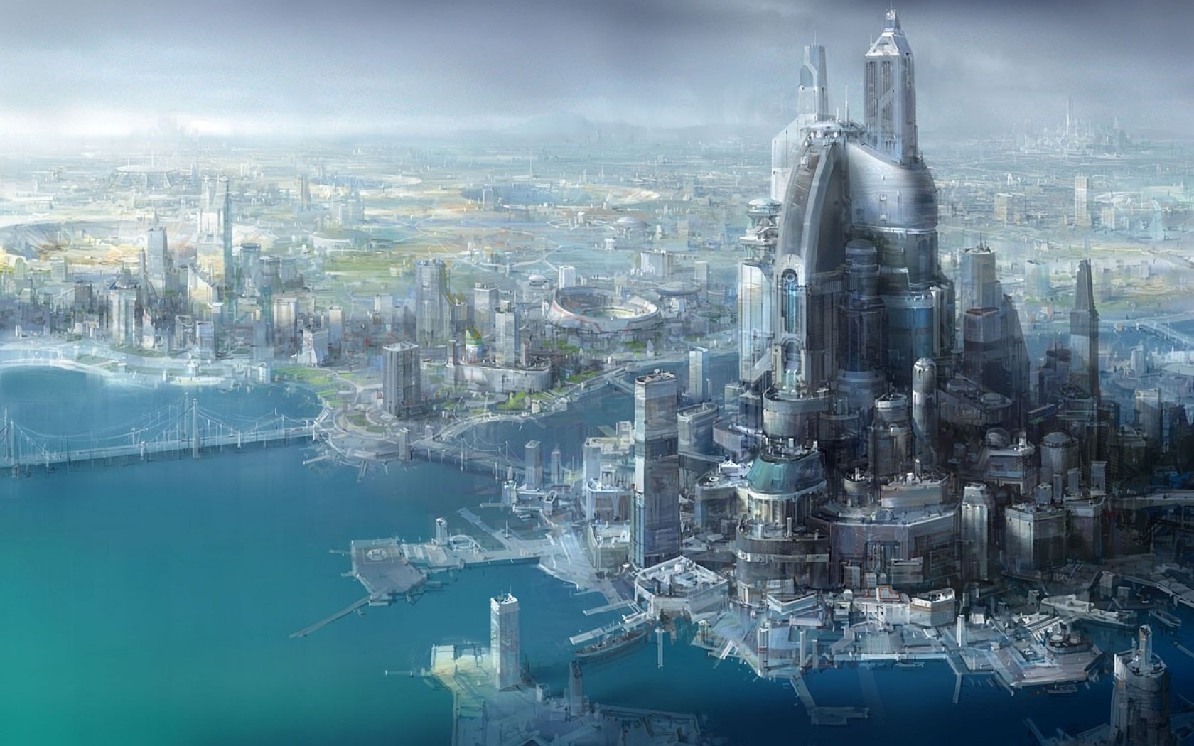 Futuristic city with advanced architecture on the coast HD Wallpaper