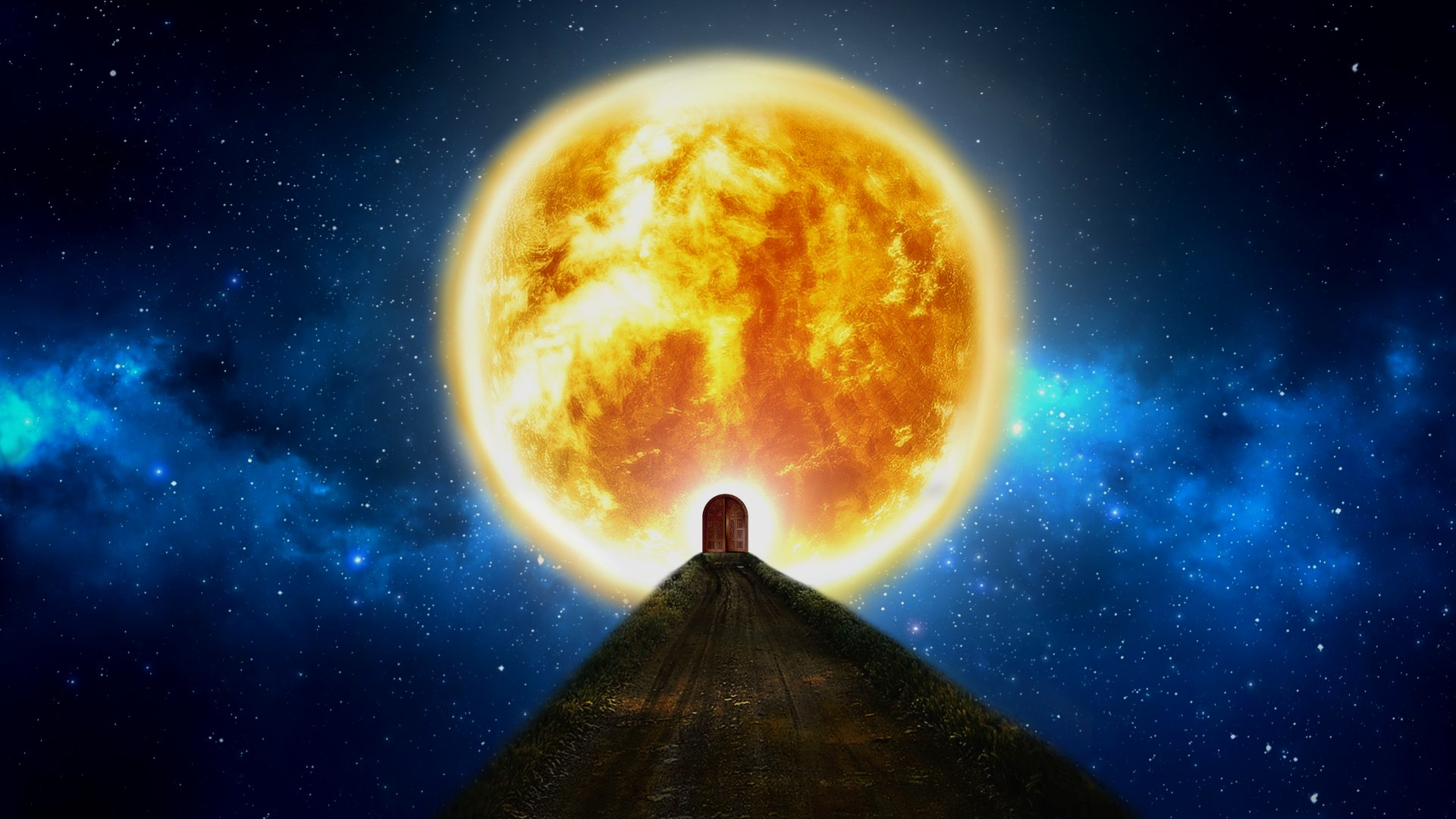 Door on a hill in front of the Sun in space HD Wallpaper