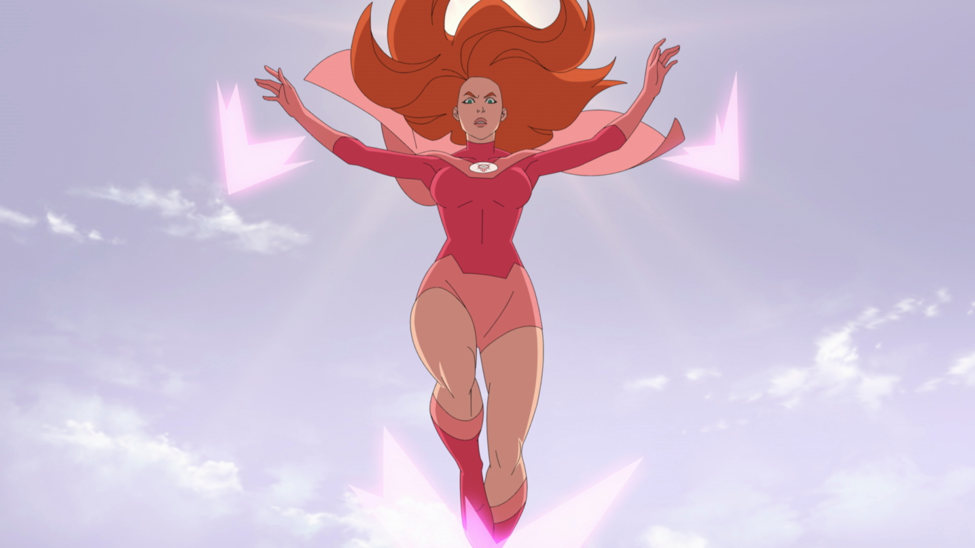 Atom Eve flying with pink energy blasts HD Wallpaper