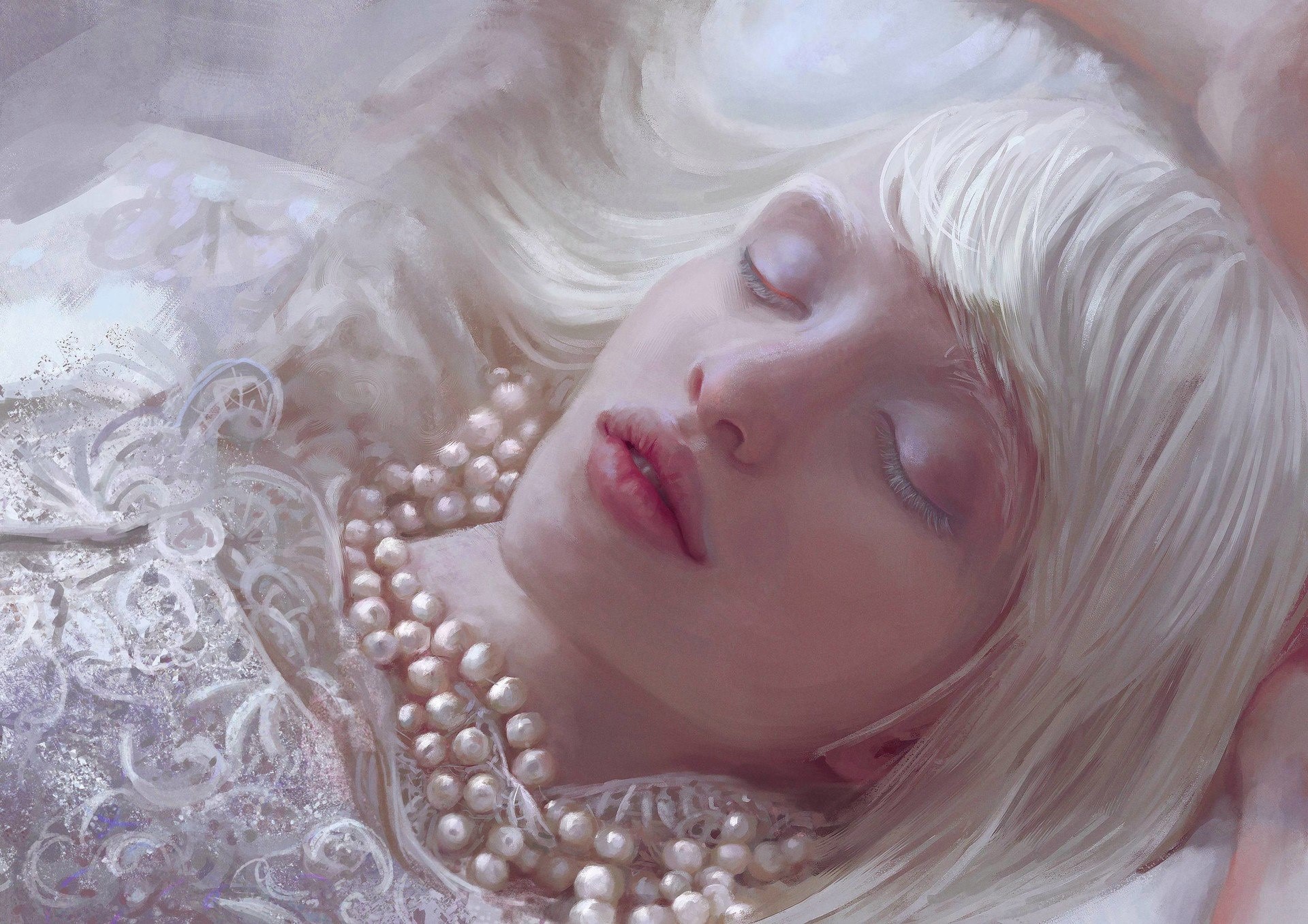 Artwork of a sleeping fantasy girl with pearls HD Wallpaper