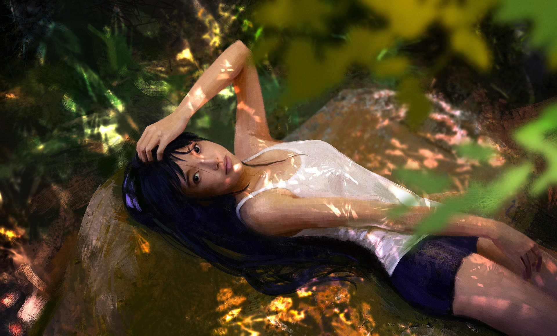Artwork of an Asian woman lying outdoors HD Wallpaper
