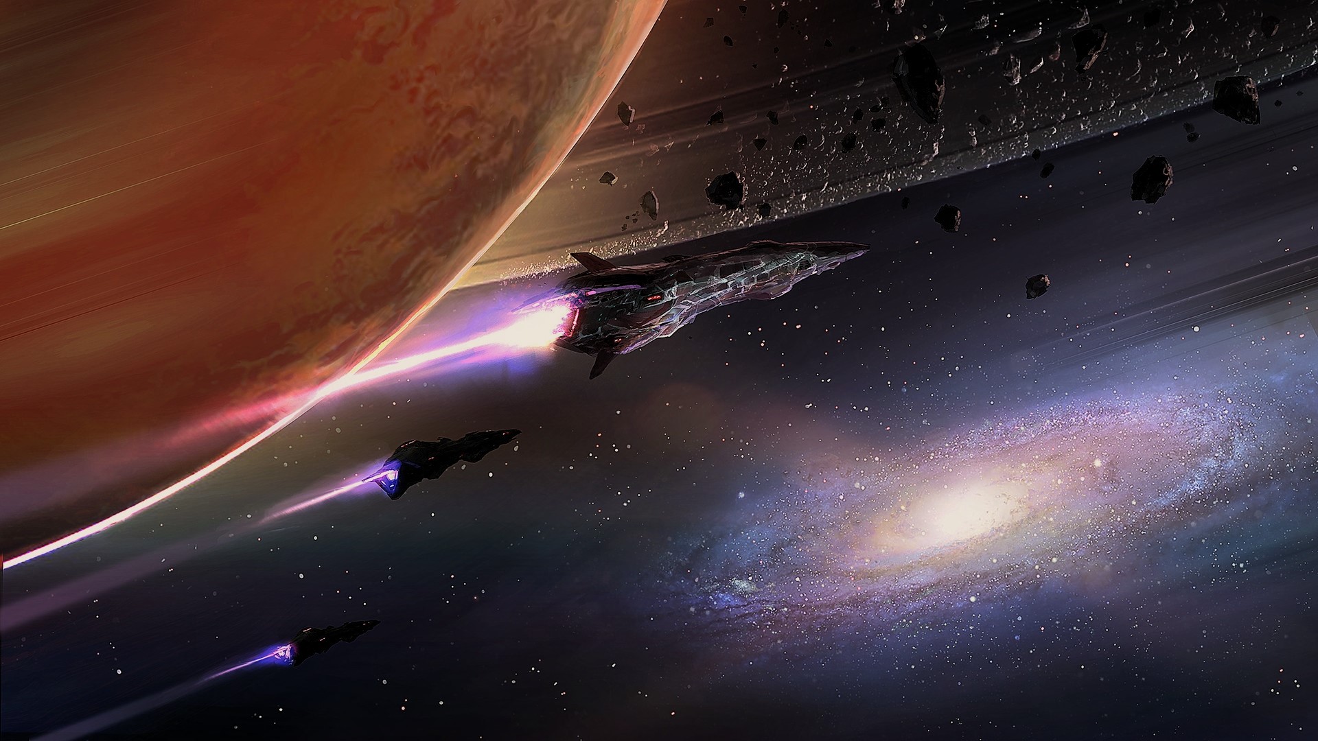 Spaceships near a ringed planet and galaxy HD Wallpaper