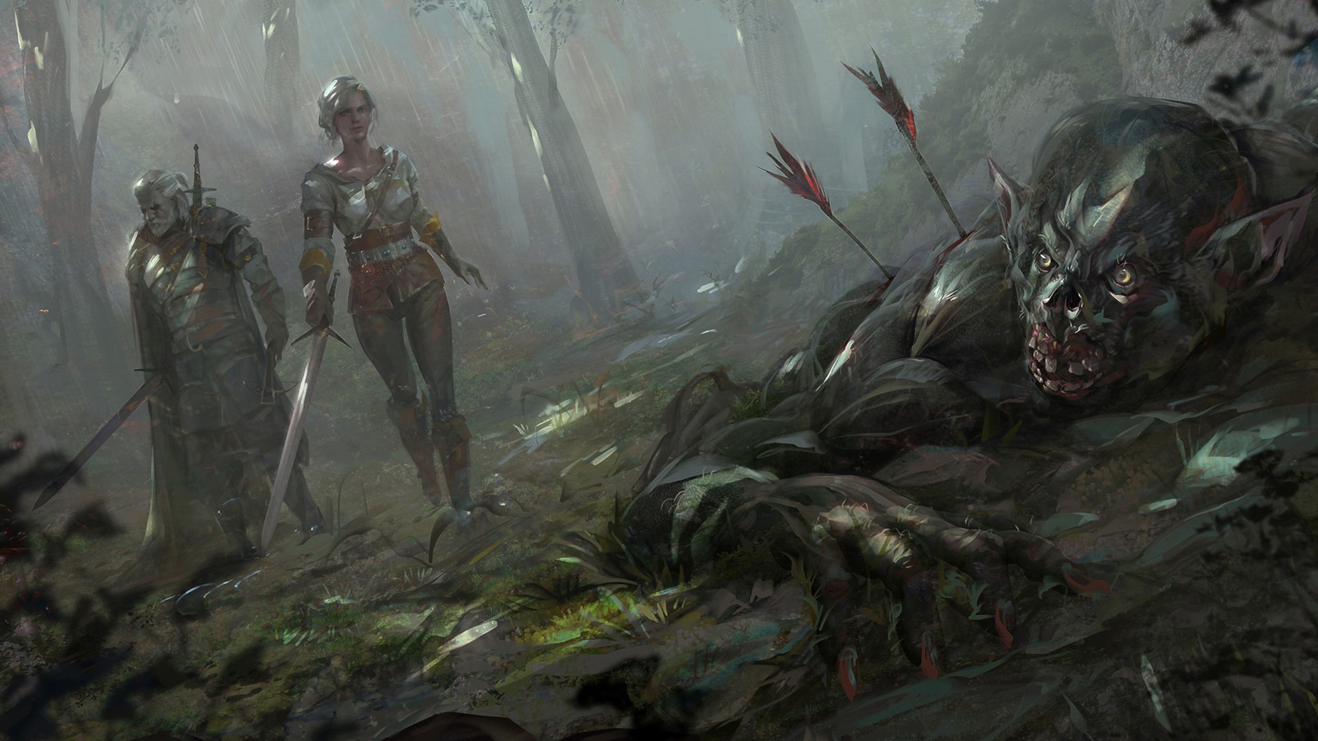 Geralt and Ciri from The Witcher 3 with a slain monster HD Wallpaper
