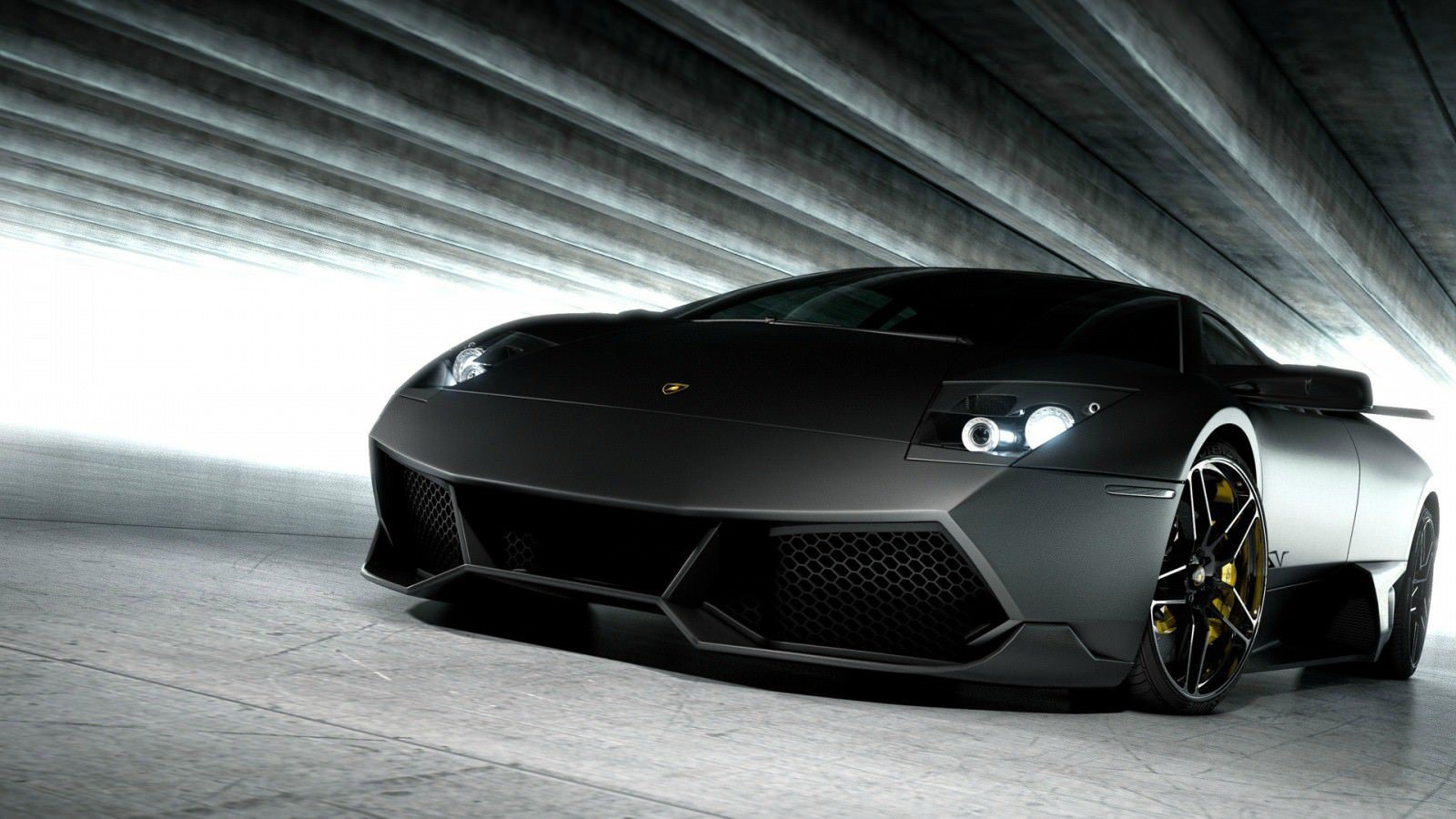 Matte black Lamborghini Murcielago in a tunnel HD Wallpaper