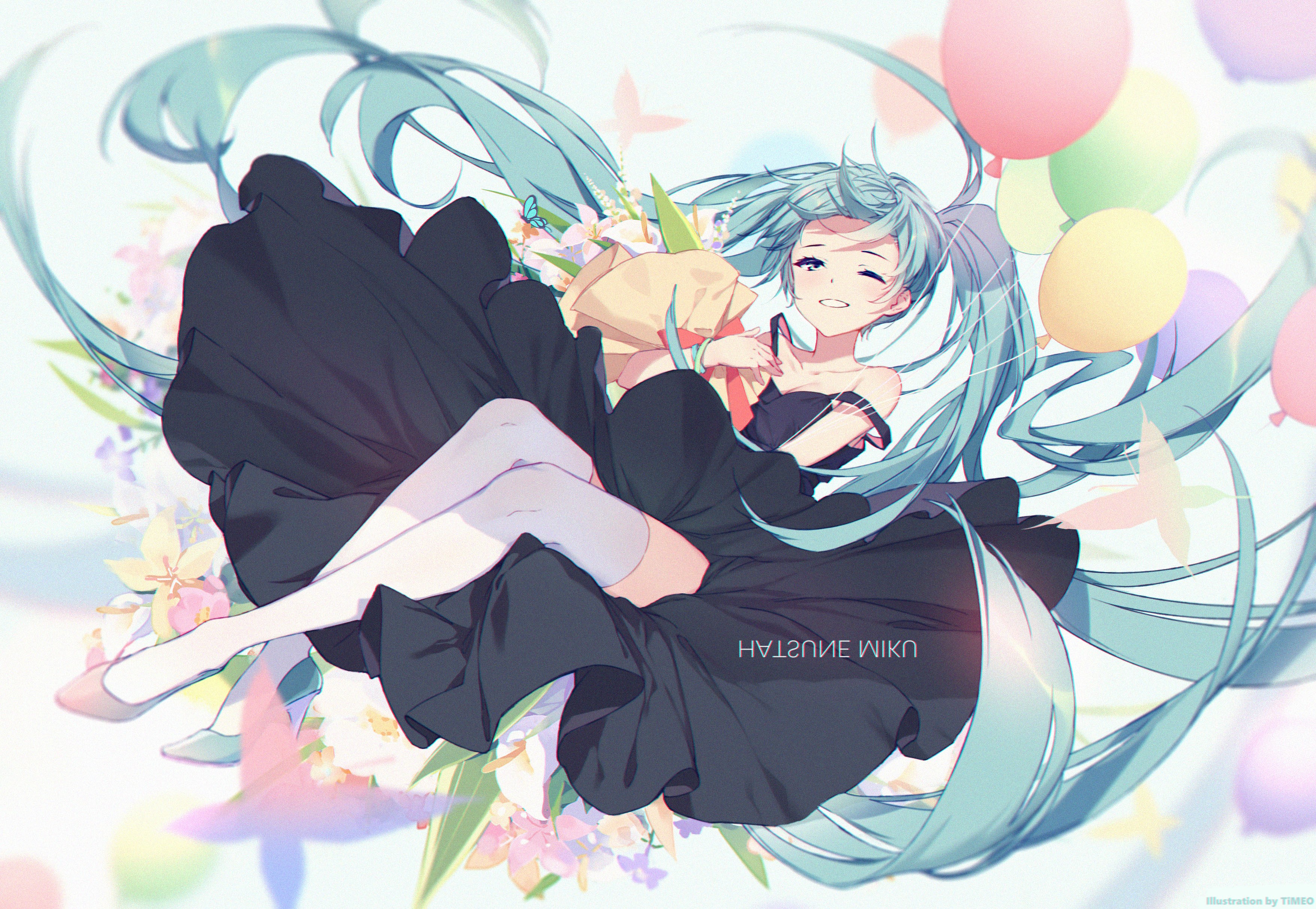 Hatsune Miku with Flowers and Balloons HD Wallpaper