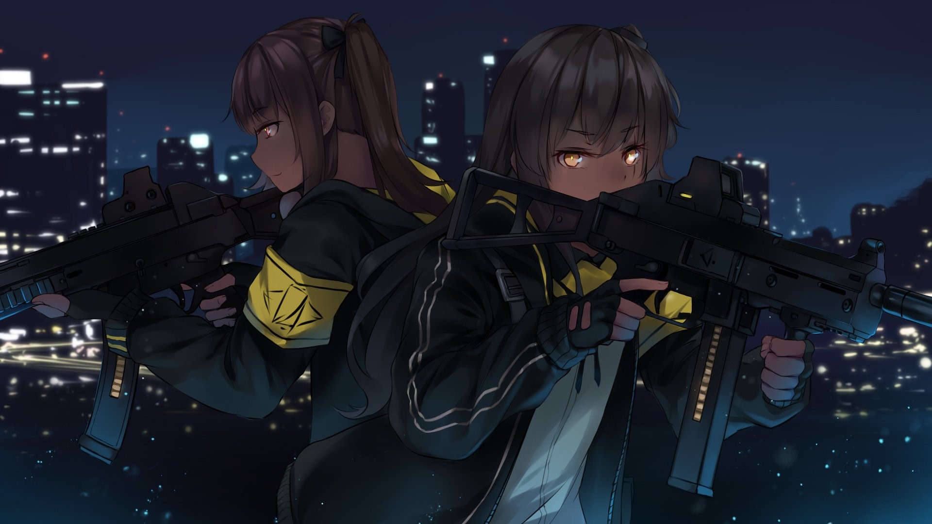 Girls with guns in a city at night HD Wallpaper