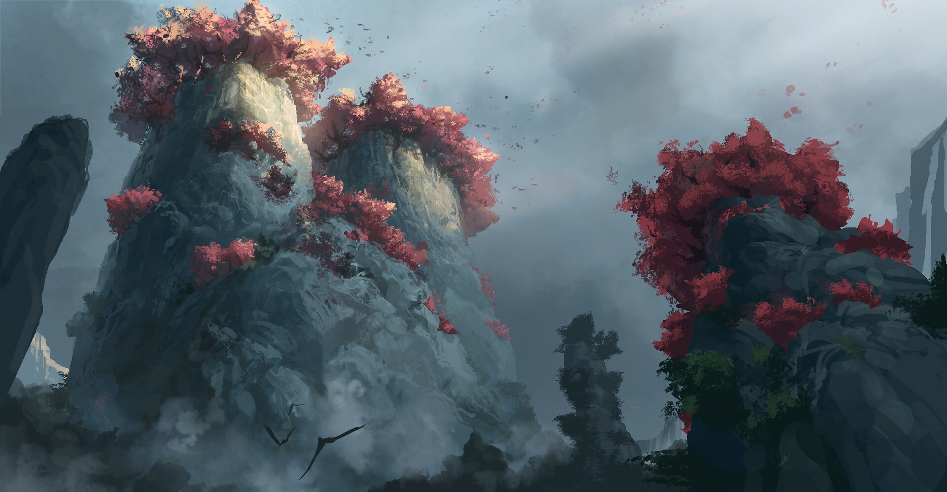 Fantasy art of rocky mountains with red trees HD Wallpaper