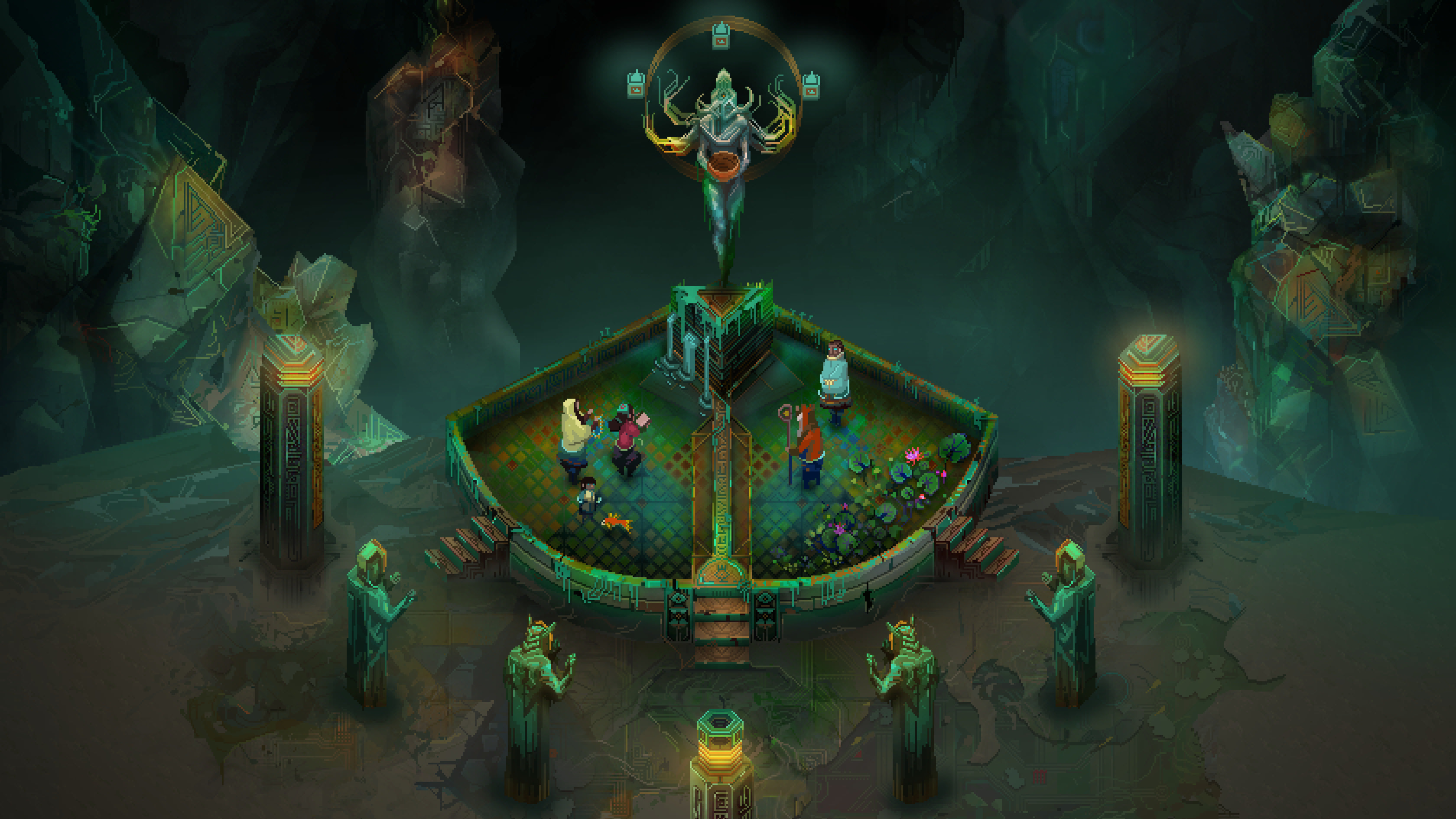 Children Of Morta characters in a mystical chamber HD Wallpaper