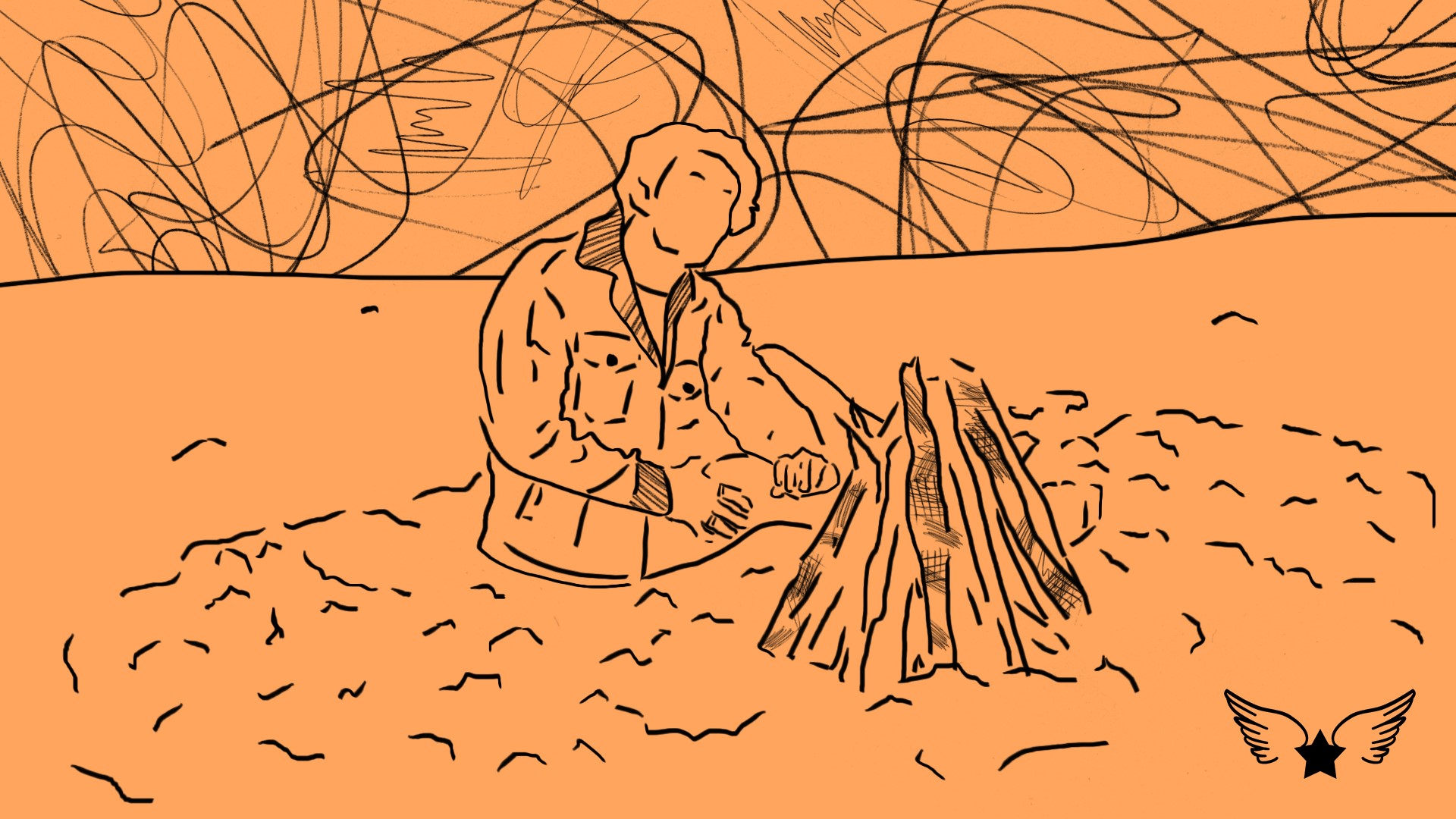 Person by a campfire, abstract line art HD Wallpaper