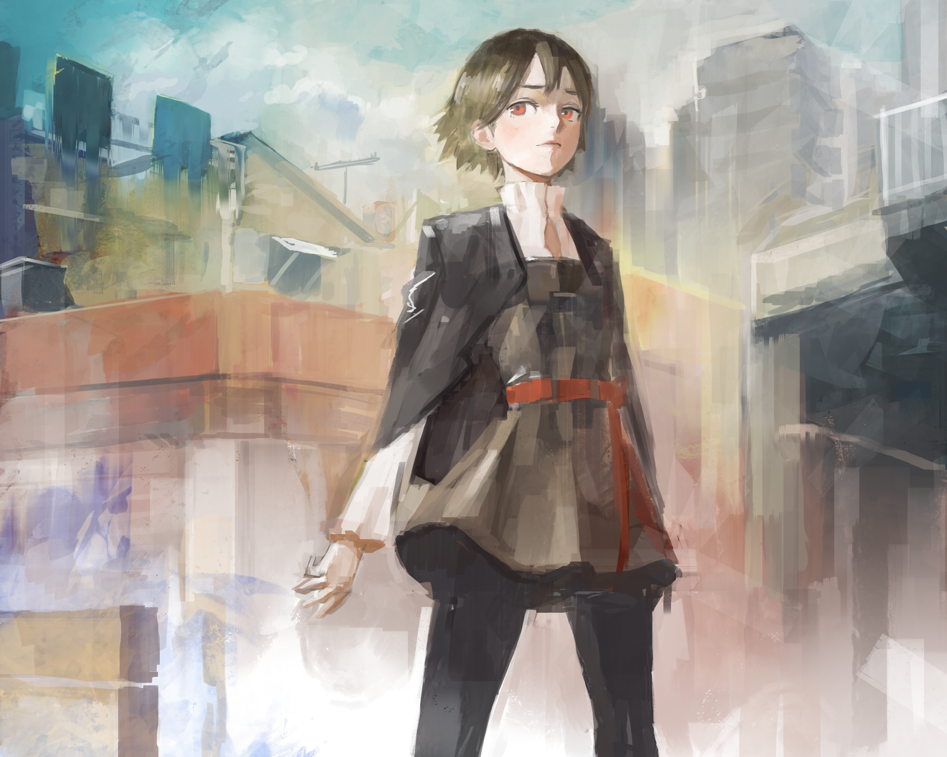 Girl with short hair and orange eyes in a city HD Wallpaper