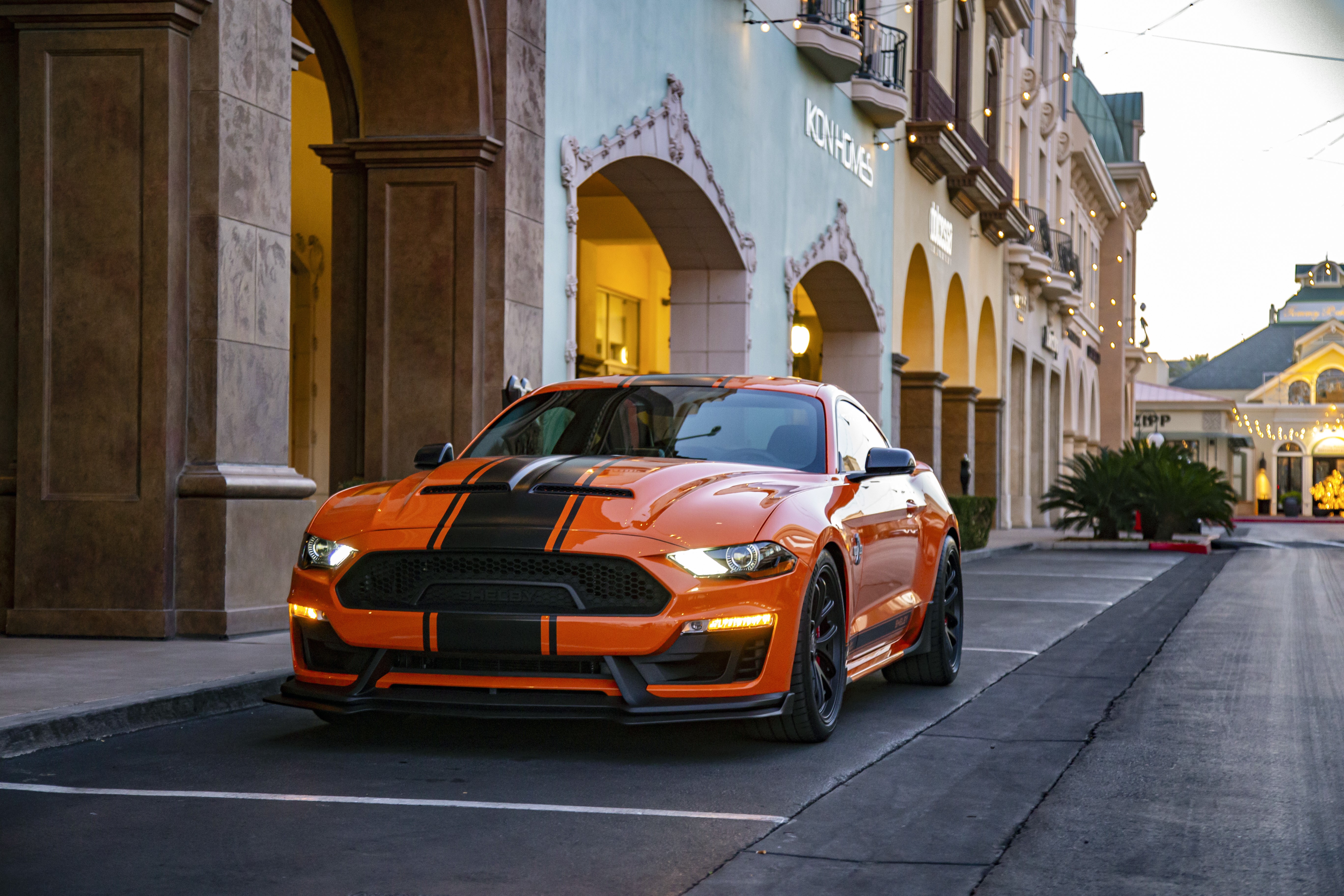 Orange Ford Mustang with Black Stripes HD Wallpaper