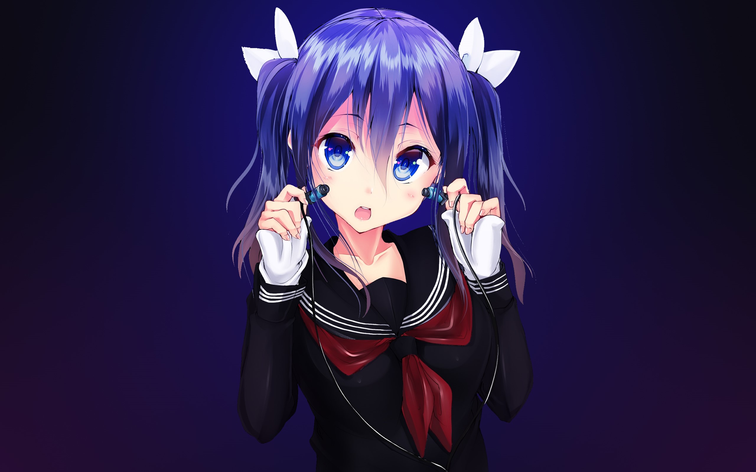 Anime girl with blue hair and earphones HD Wallpaper