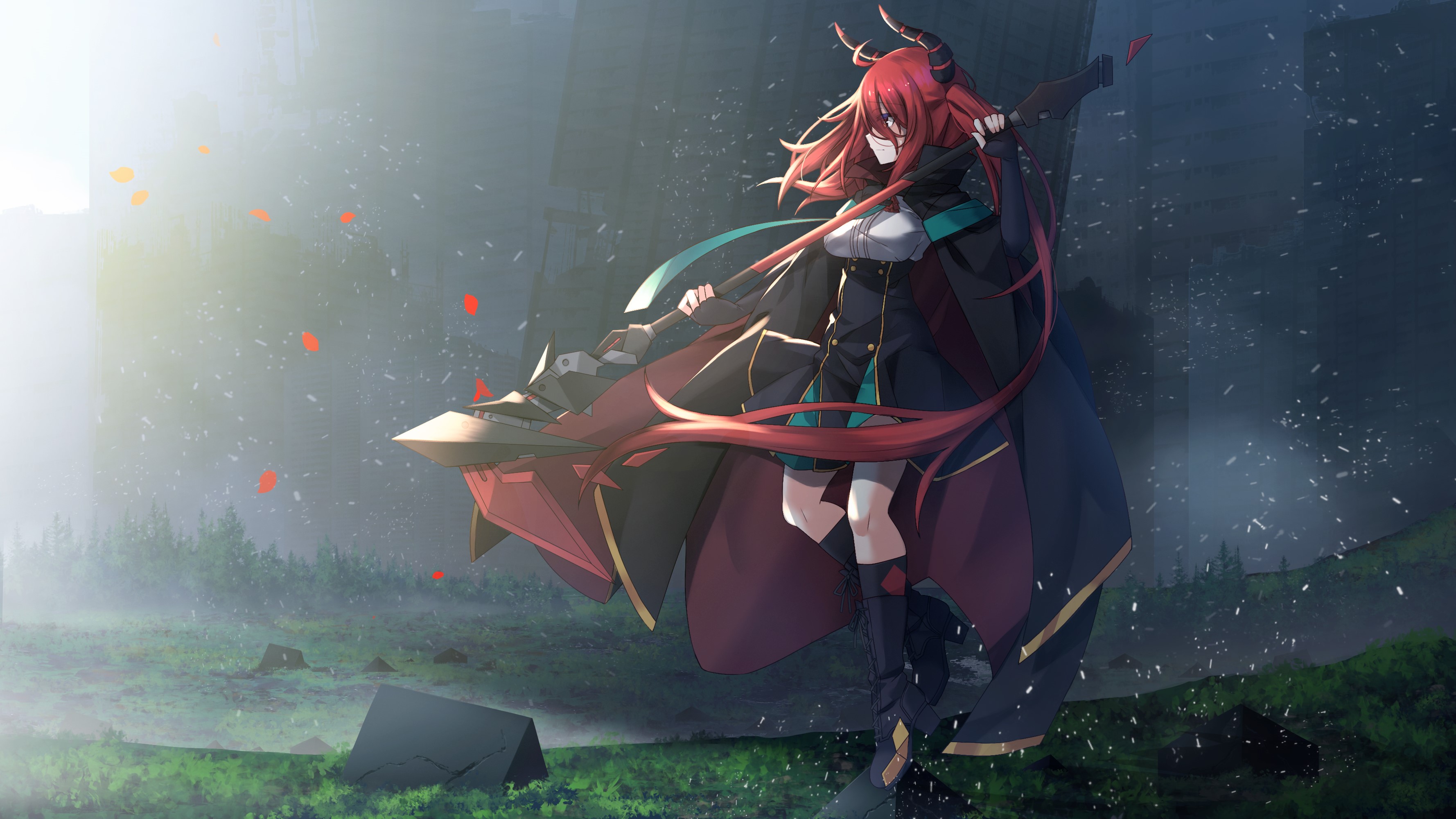 Anime girl with red hair and horns holding a weapon HD Wallpaper