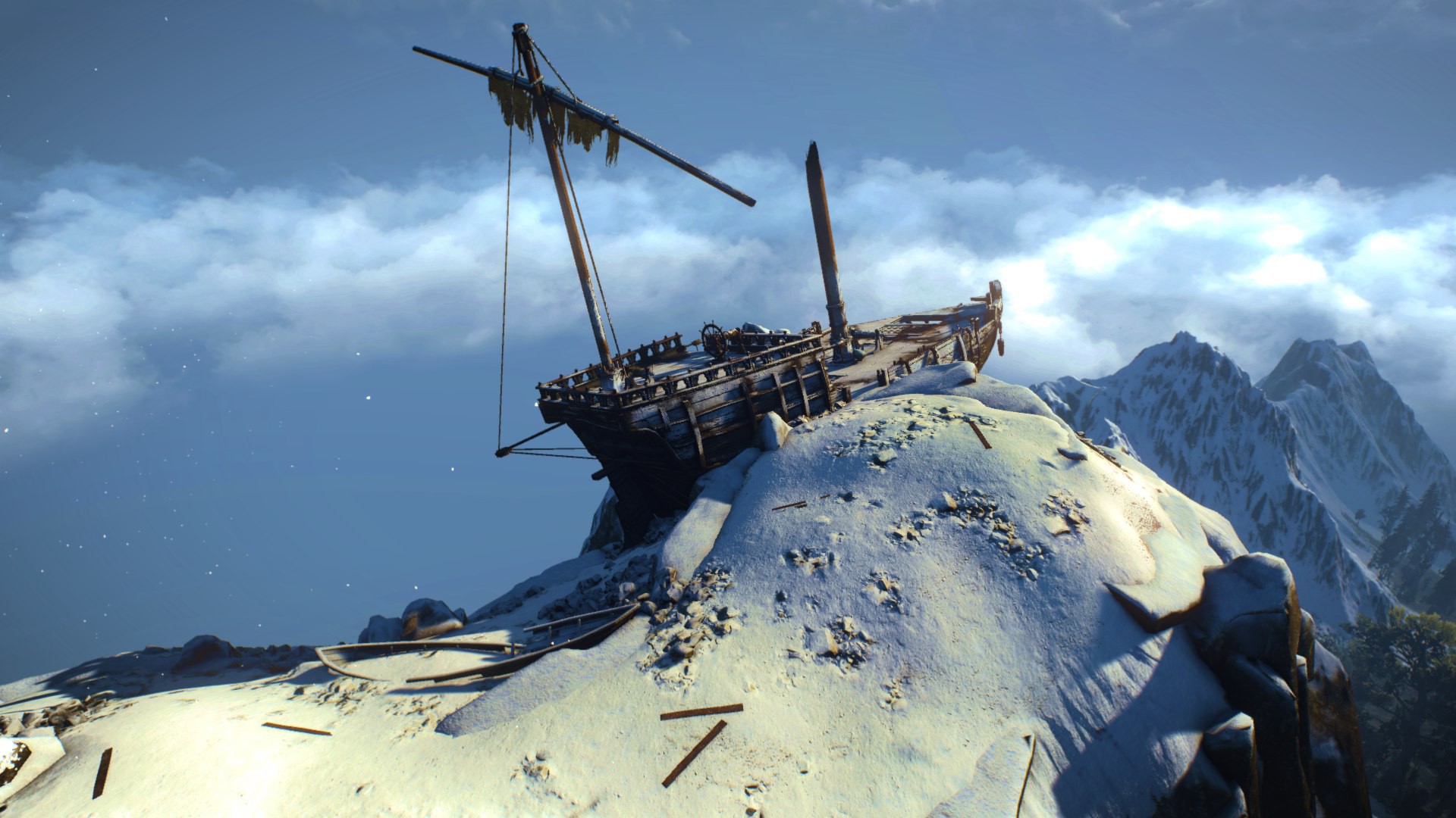 Shipwreck on a snowy mountain peak in The Witcher 3: Wild Hunt HD Wallpaper