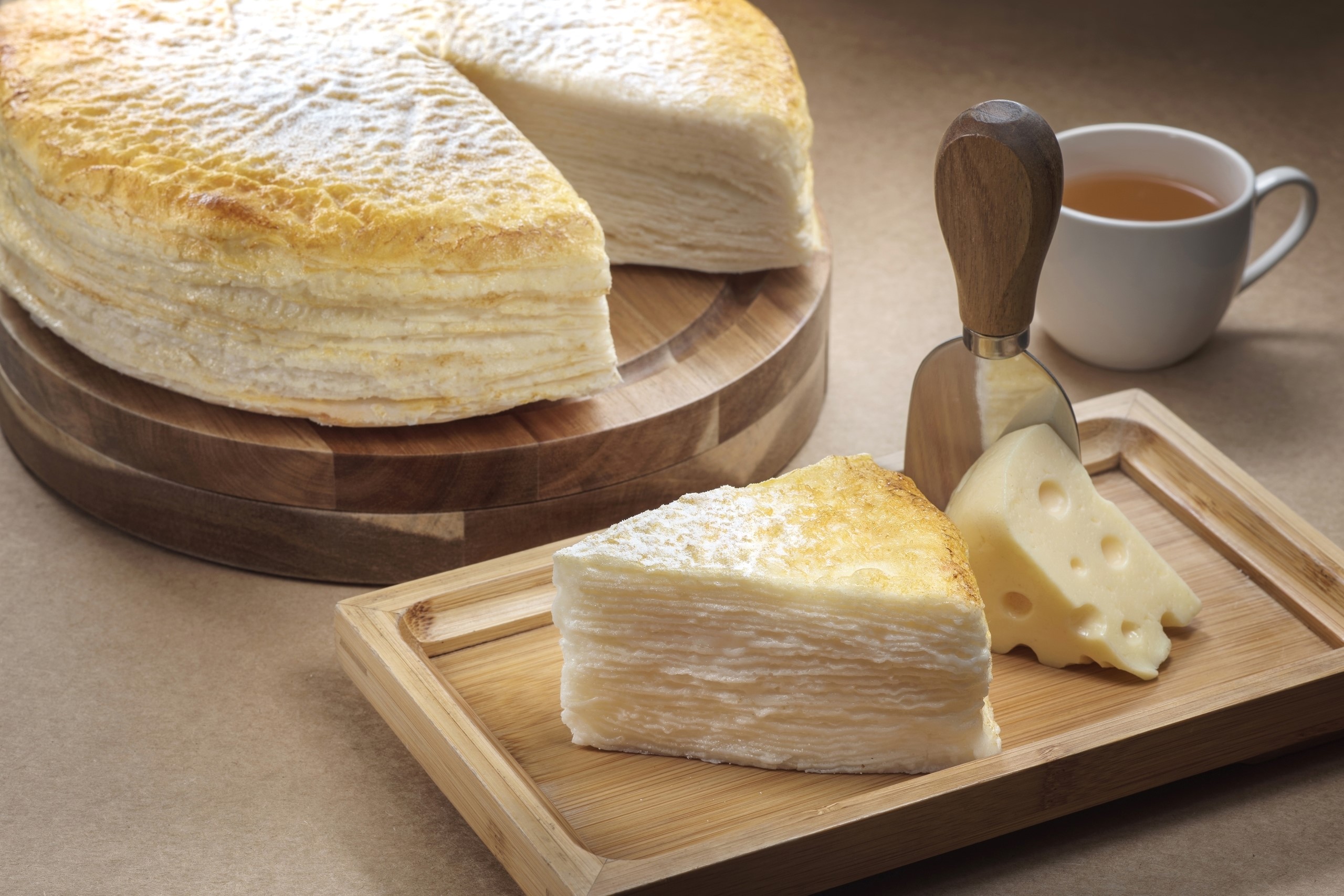 Mille Crepe cake with cheese and tea HD Wallpaper