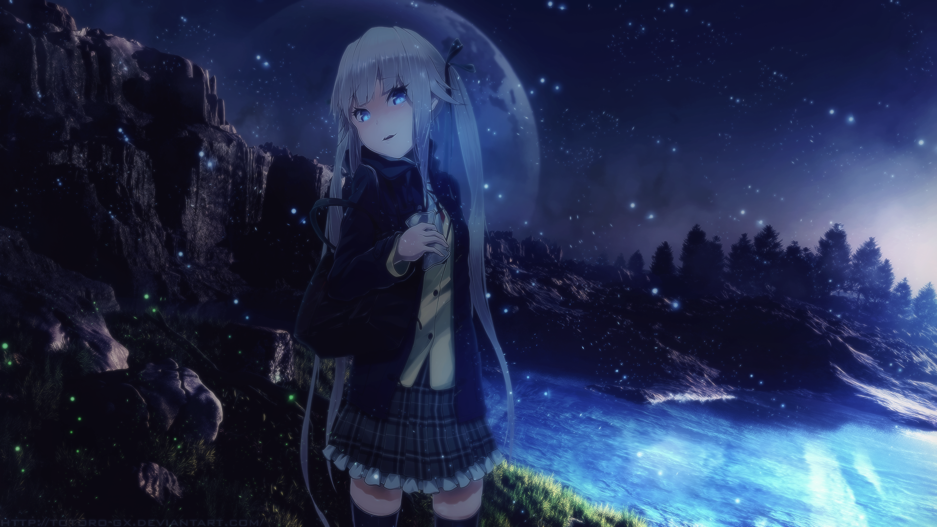 Anime girl by the water at night HD Wallpaper