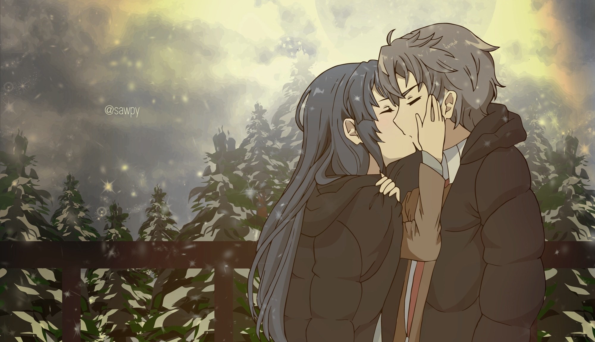Sakurajima Mai and Sakuta Azusagawa kissing in the snow HD Wallpaper