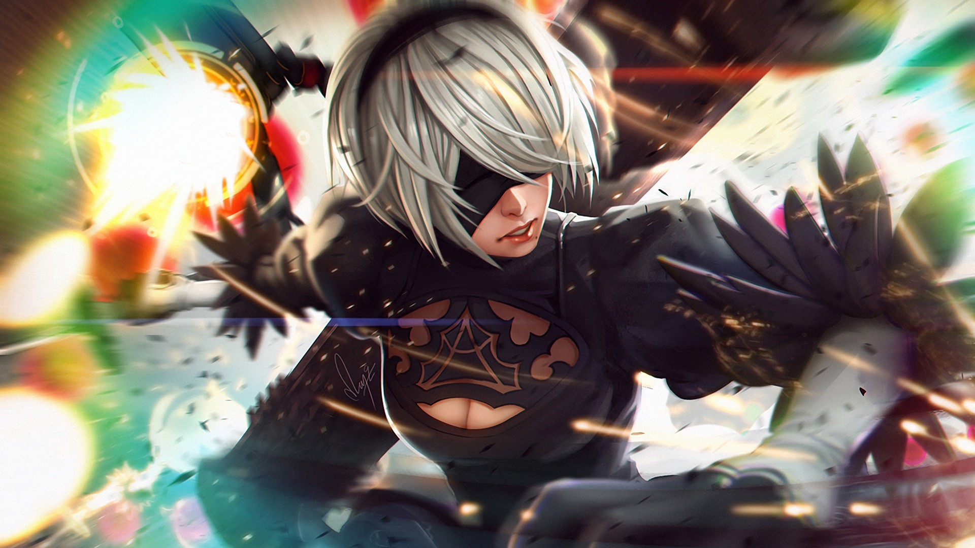 2B from Nier: Automata in action HD Wallpaper