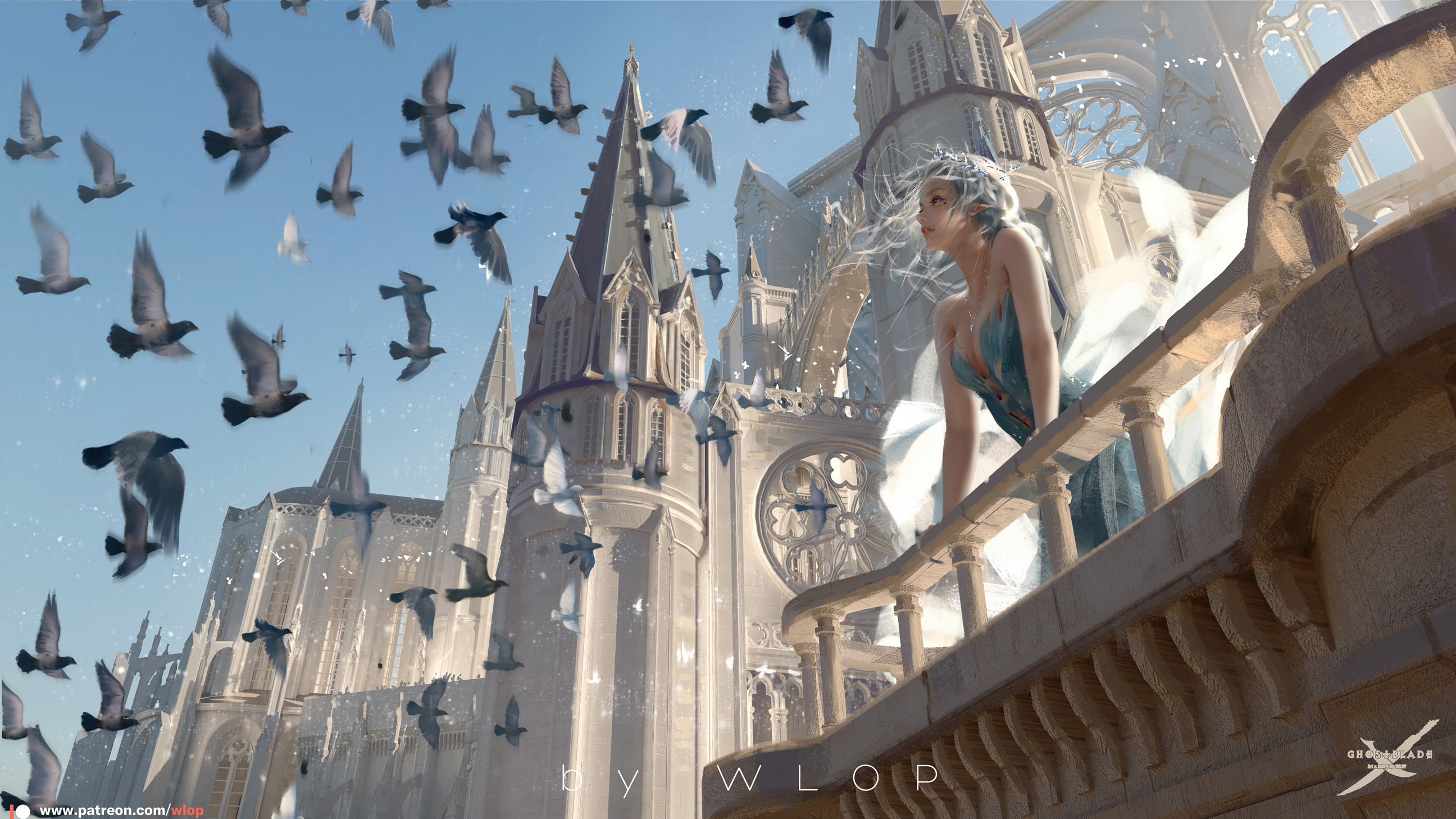 Woman on balcony with pigeons and fantasy cathedral HD Wallpaper