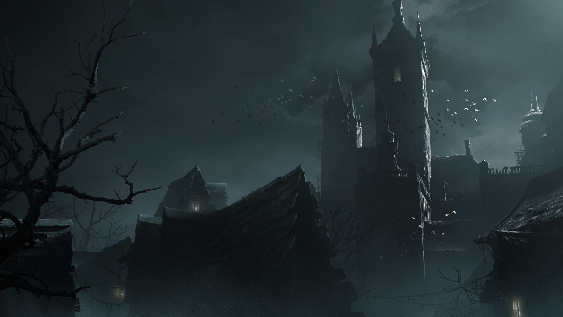 Dark fantasy art of a spooky castle at night HD Wallpaper