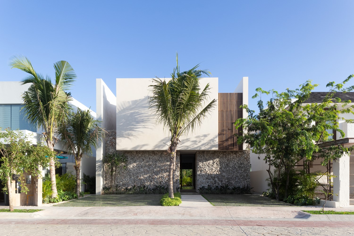 Modern house with stone facade and palm trees HD Wallpaper