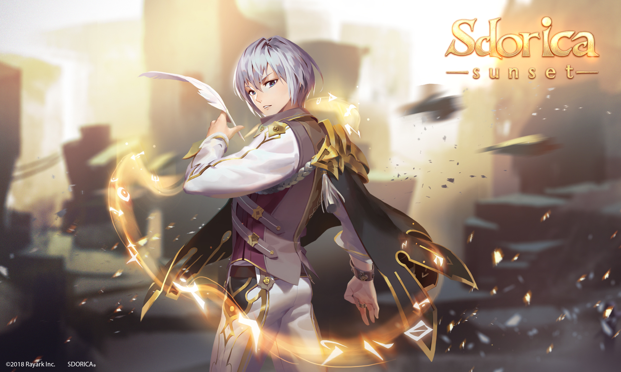 Sdorica Sunset: A man with white hair holds a feather HD Wallpaper