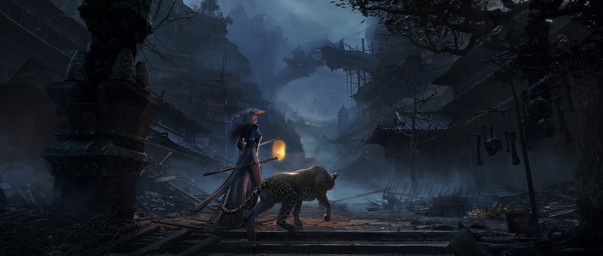 Fantasy girl with lantern and leopard in a dark village HD Wallpaper