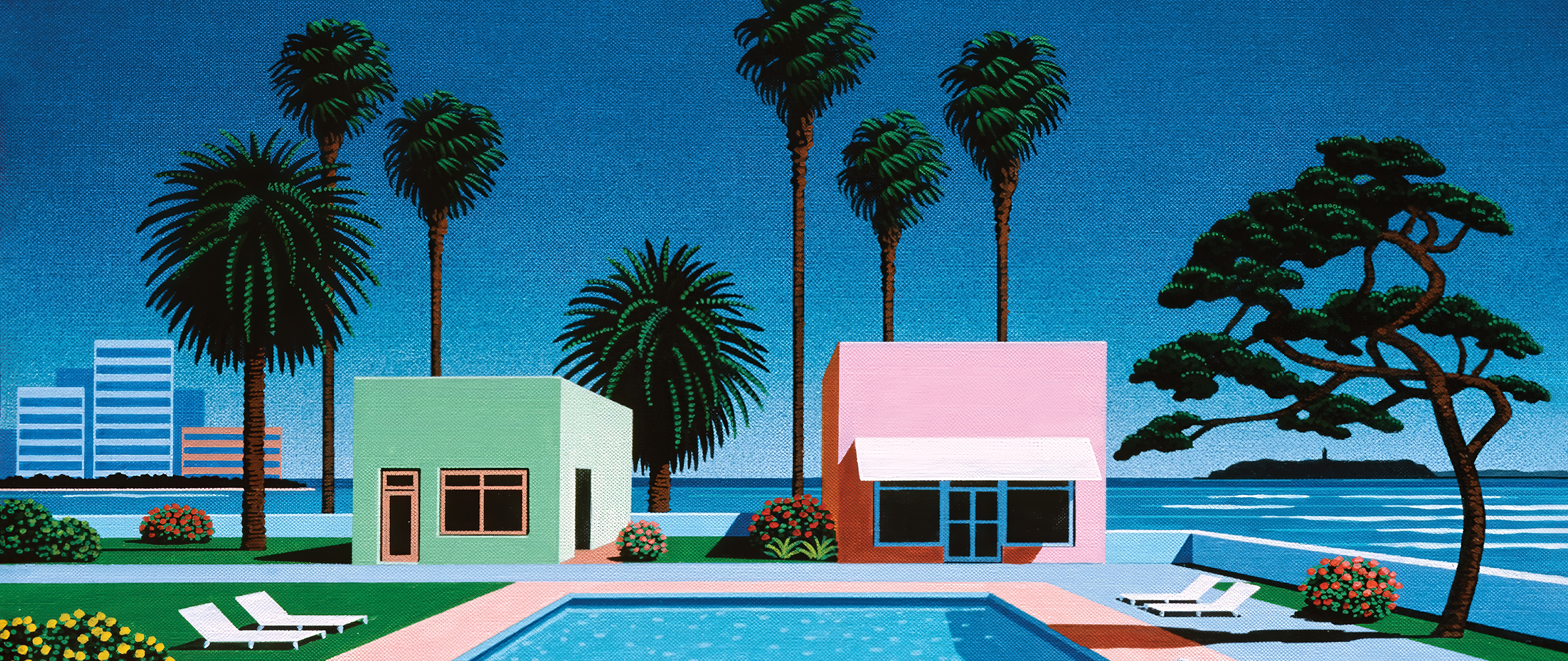 Artwork of houses, palm trees, and swimming pool by Hiroshi Nagai HD Wallpaper