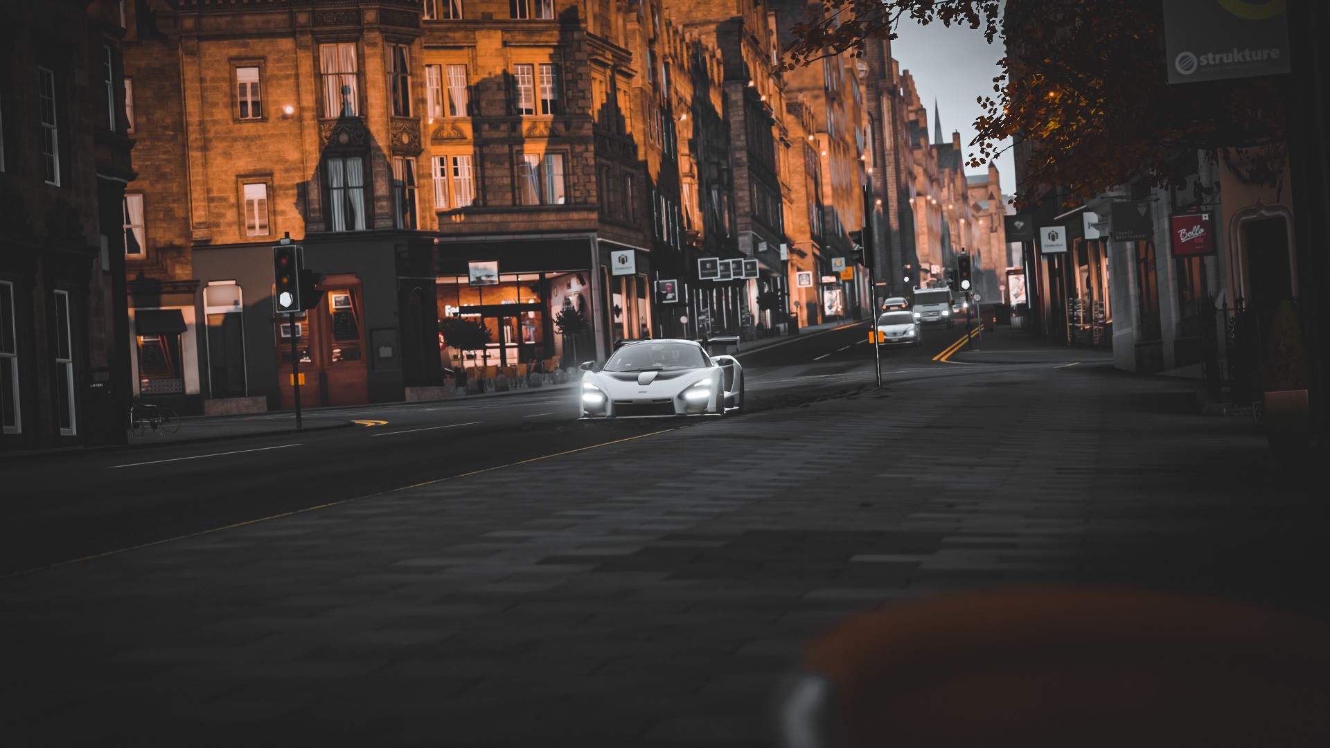 McLaren Senna driving on a city street in Forza Horizon 4 HD Wallpaper