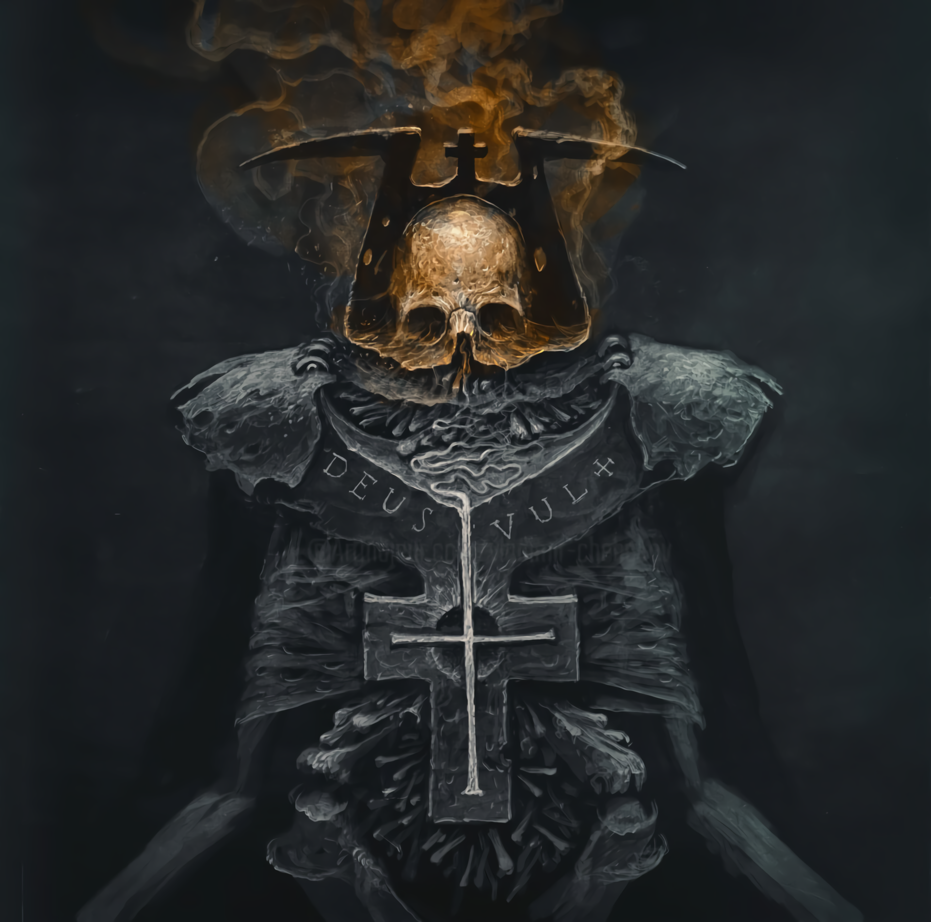 Artwork of a skeletal figure with a skull helmet HD Wallpaper