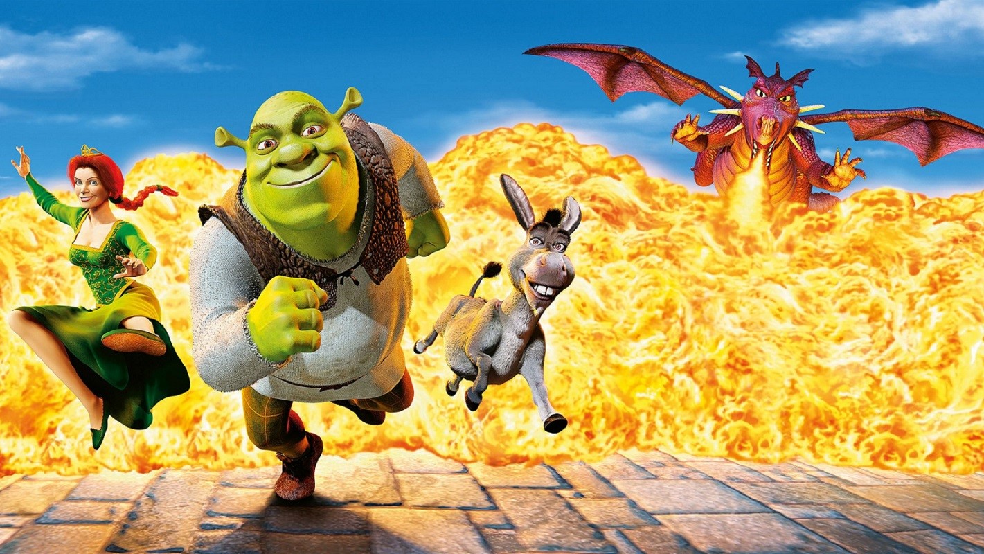 Shrek, Fiona, Donkey, and Dragon in Shrek HD Wallpaper