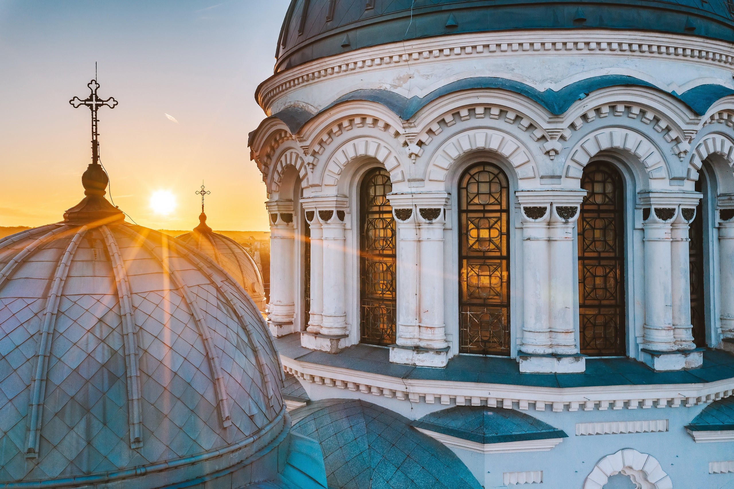 Cathedral domes and crosses at sunset HD Wallpaper