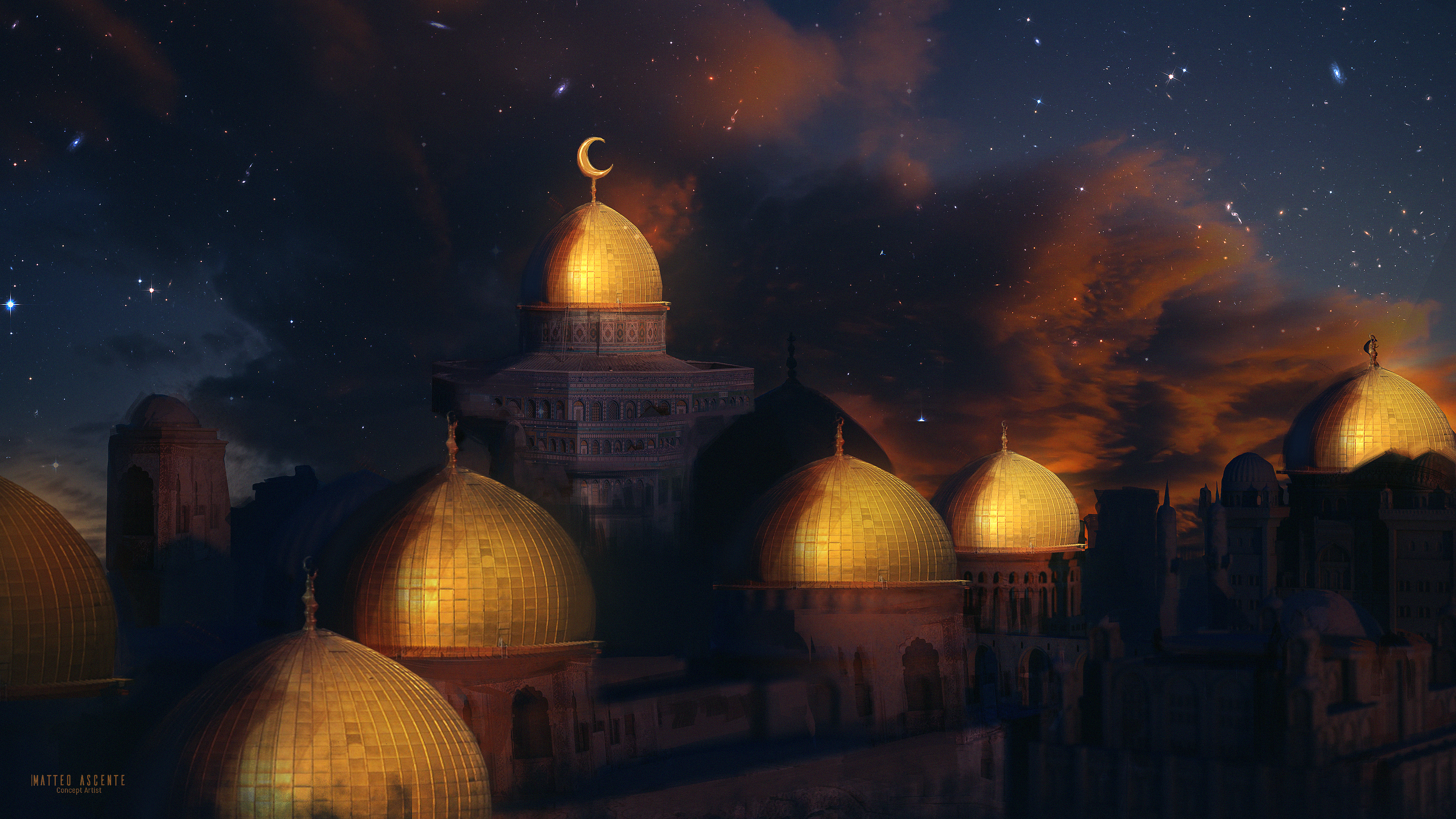 Concept art of mosques under a starry night sky HD Wallpaper