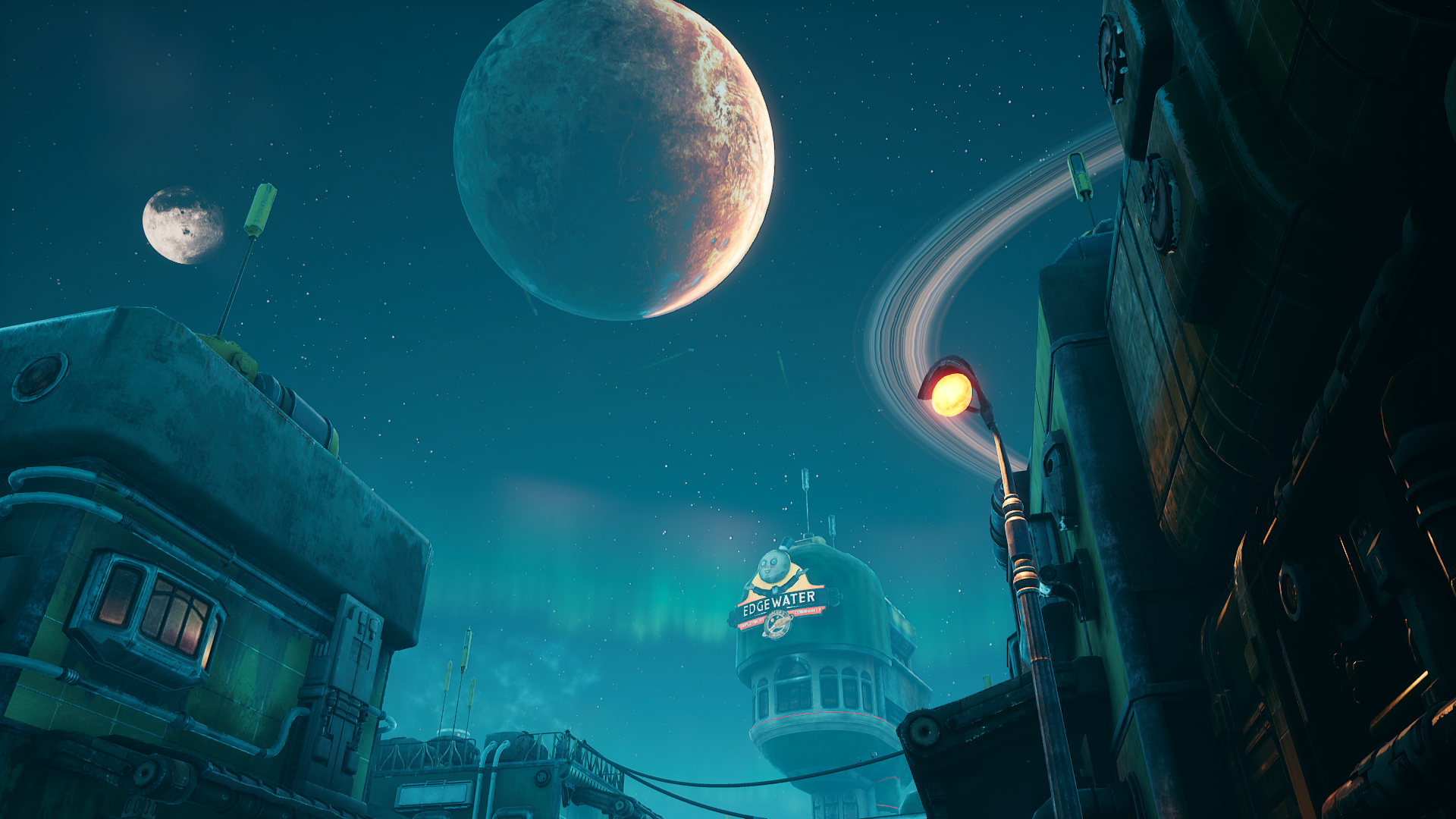 The Outer Worlds screenshot of Edgewater settlement at night HD Wallpaper