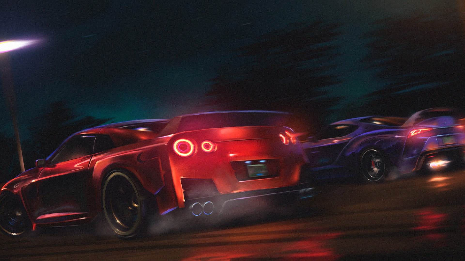 Red Nissan GT-R and Purple Toyota Supra racing at night HD Wallpaper
