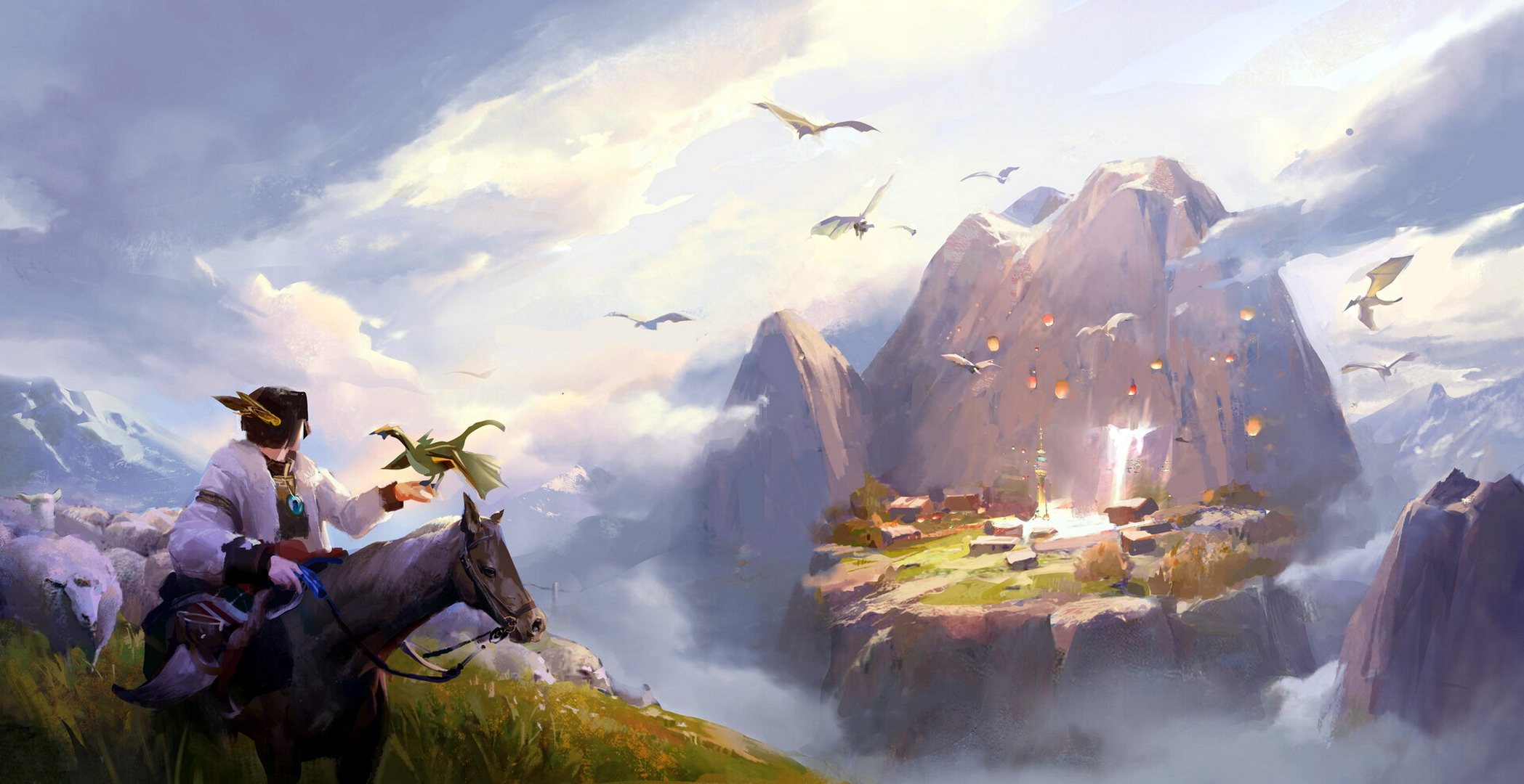 Fantasy landscape with mountains, dragons, and a village HD Wallpaper