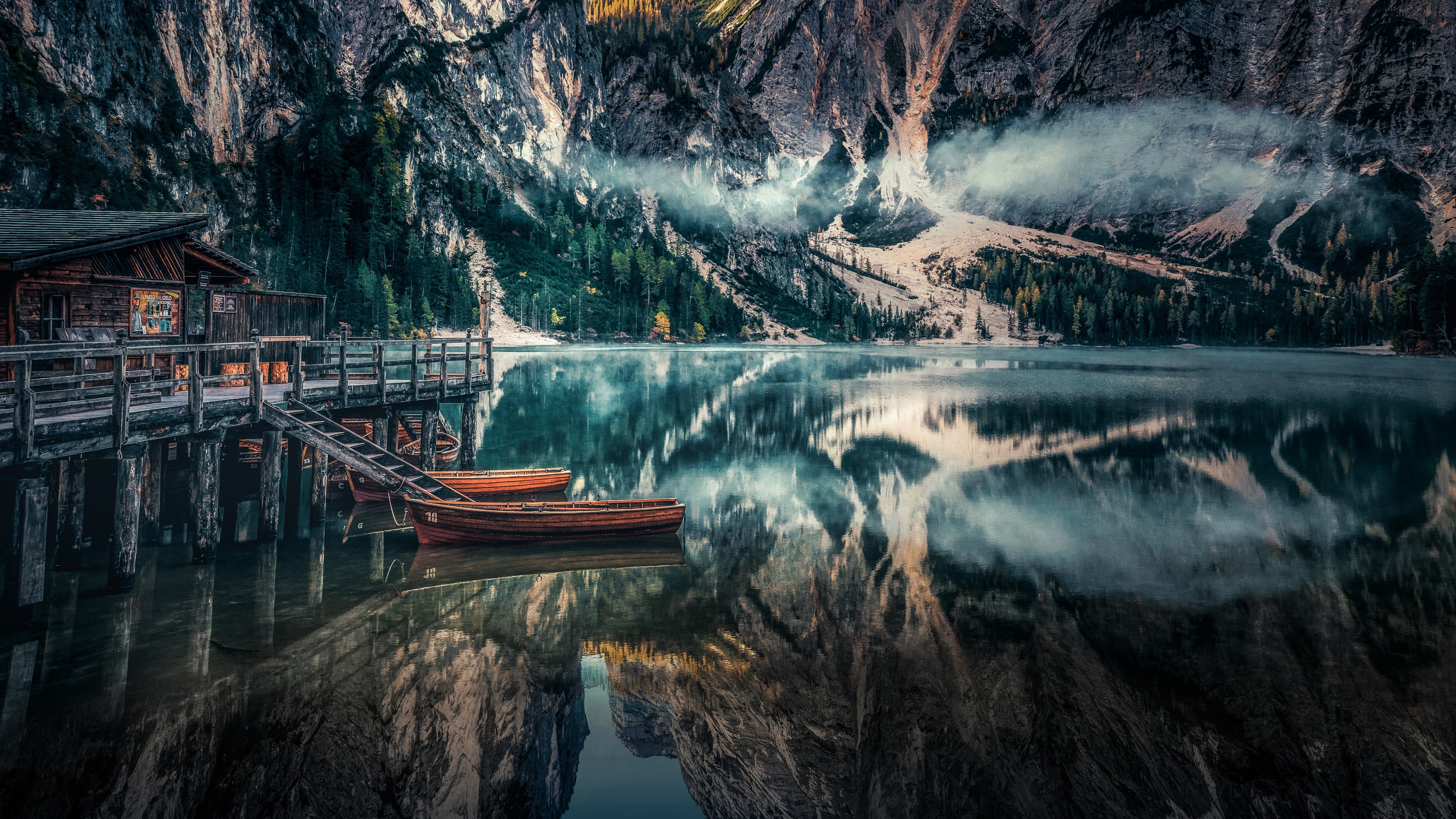 4K Lake Pier with Boats and Mountains Reflection HD Wallpaper