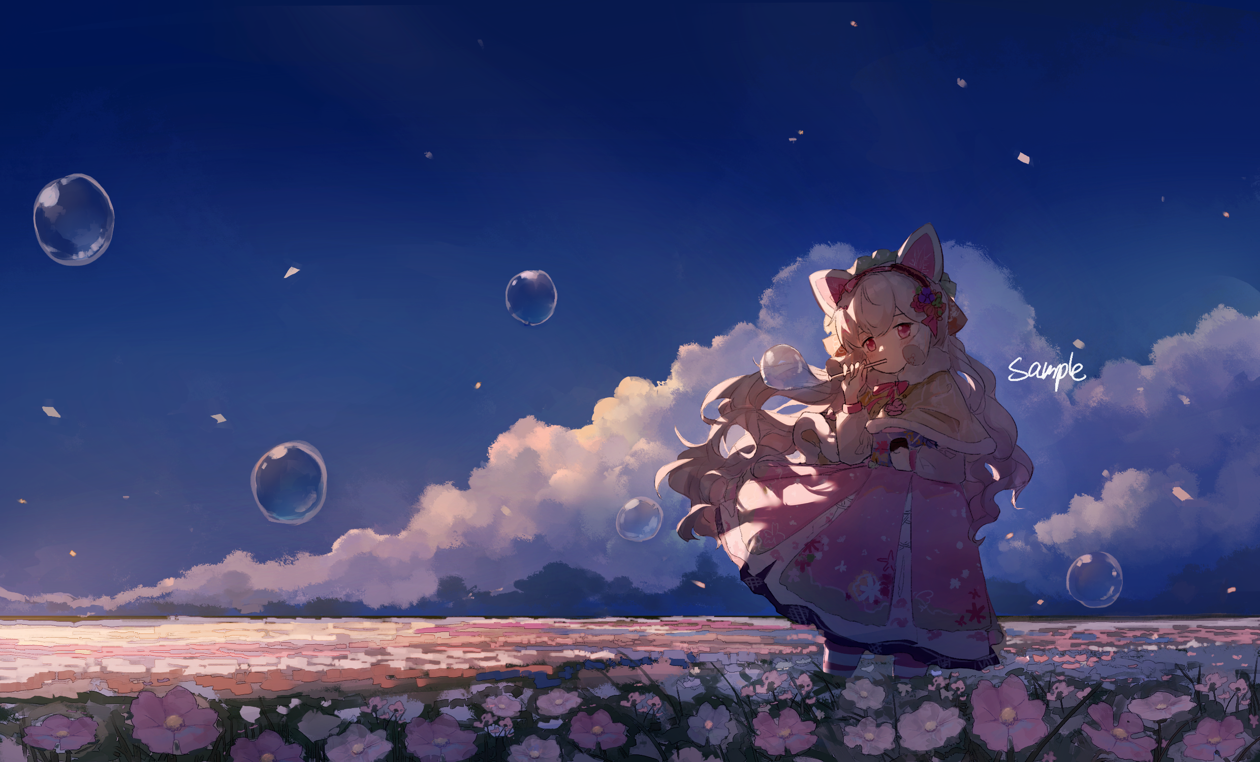 Anime girl with animal ears in a flower field HD Wallpaper