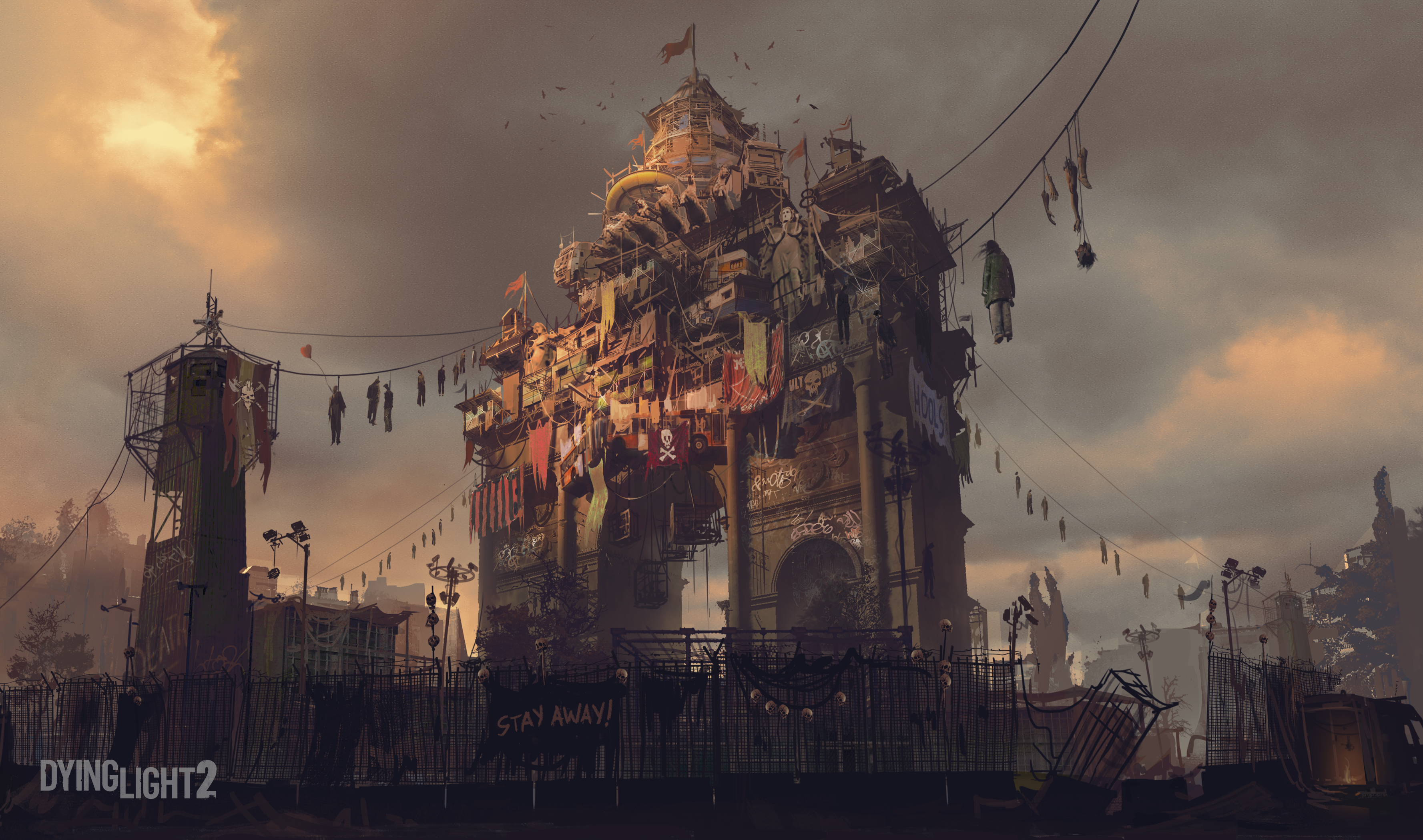 Dying Light 2 Post Apocalyptic Settlement with Hanging Figures HD Wallpaper