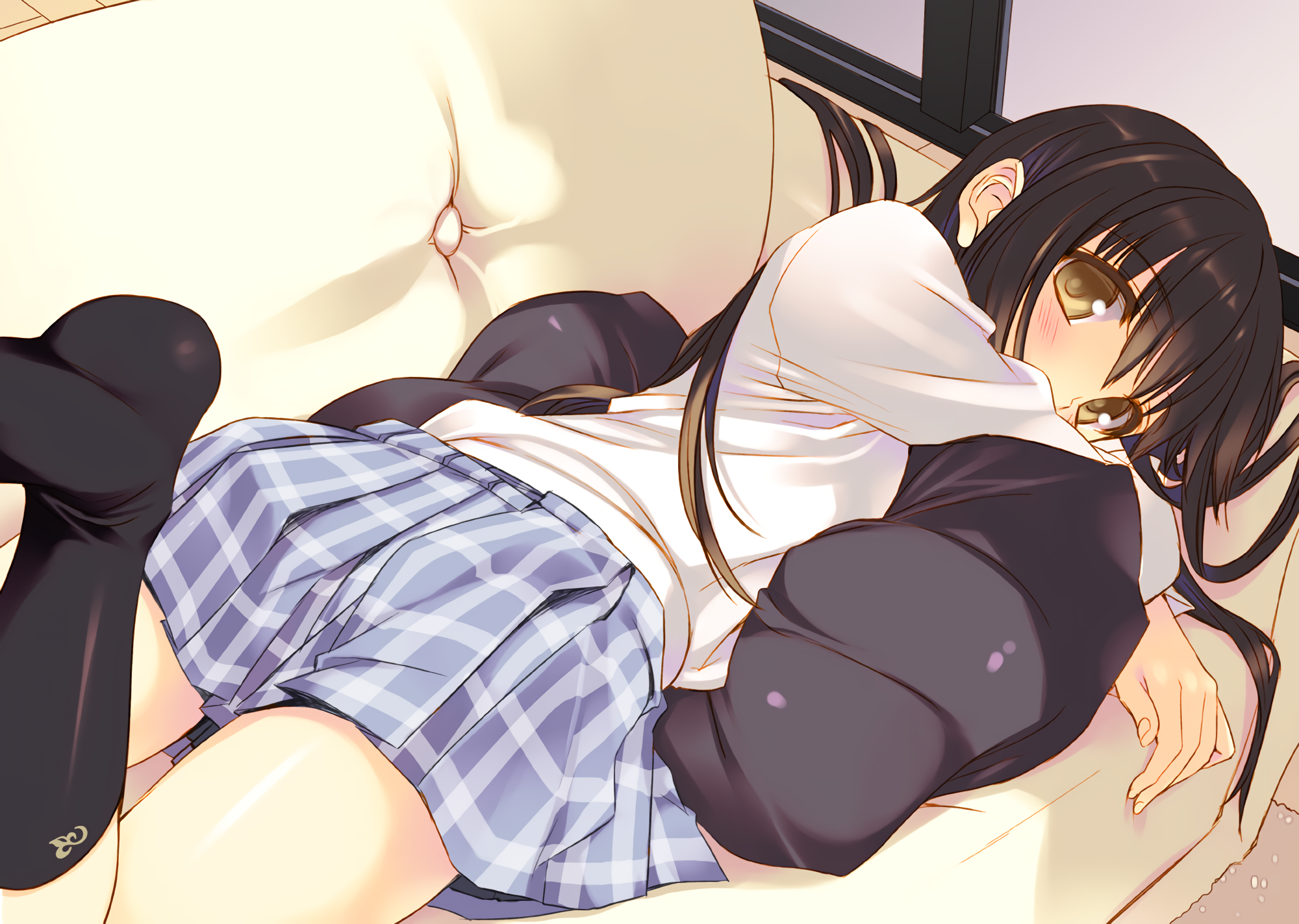 Anime girl with black hair and brown eyes on a couch HD Wallpaper