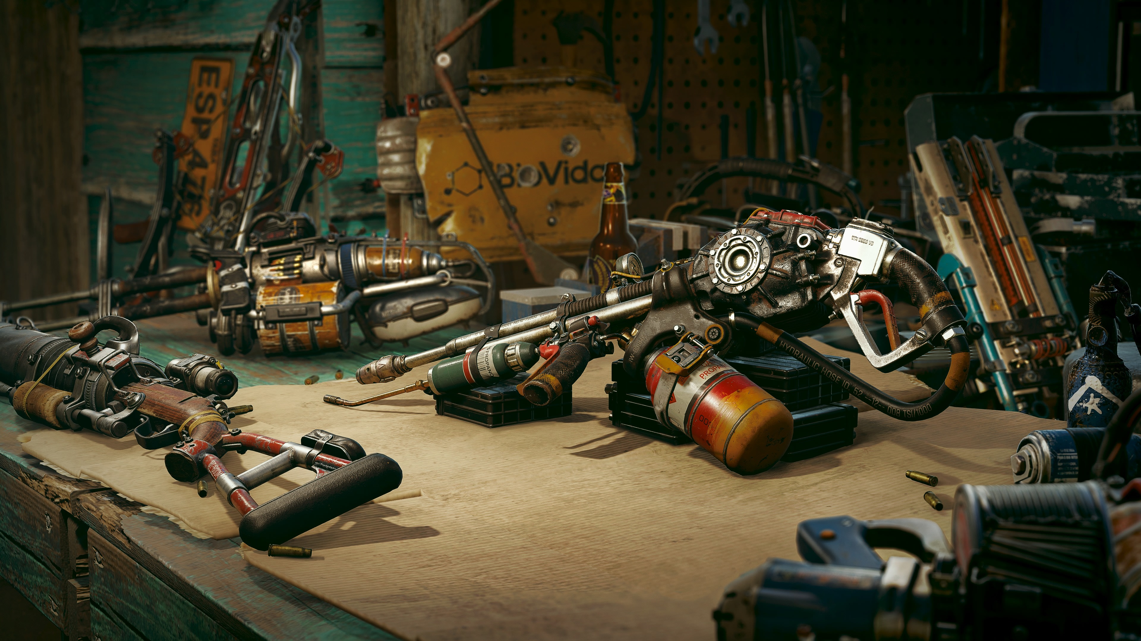 Far Cry 6 4K weapons on a workbench HD Wallpaper