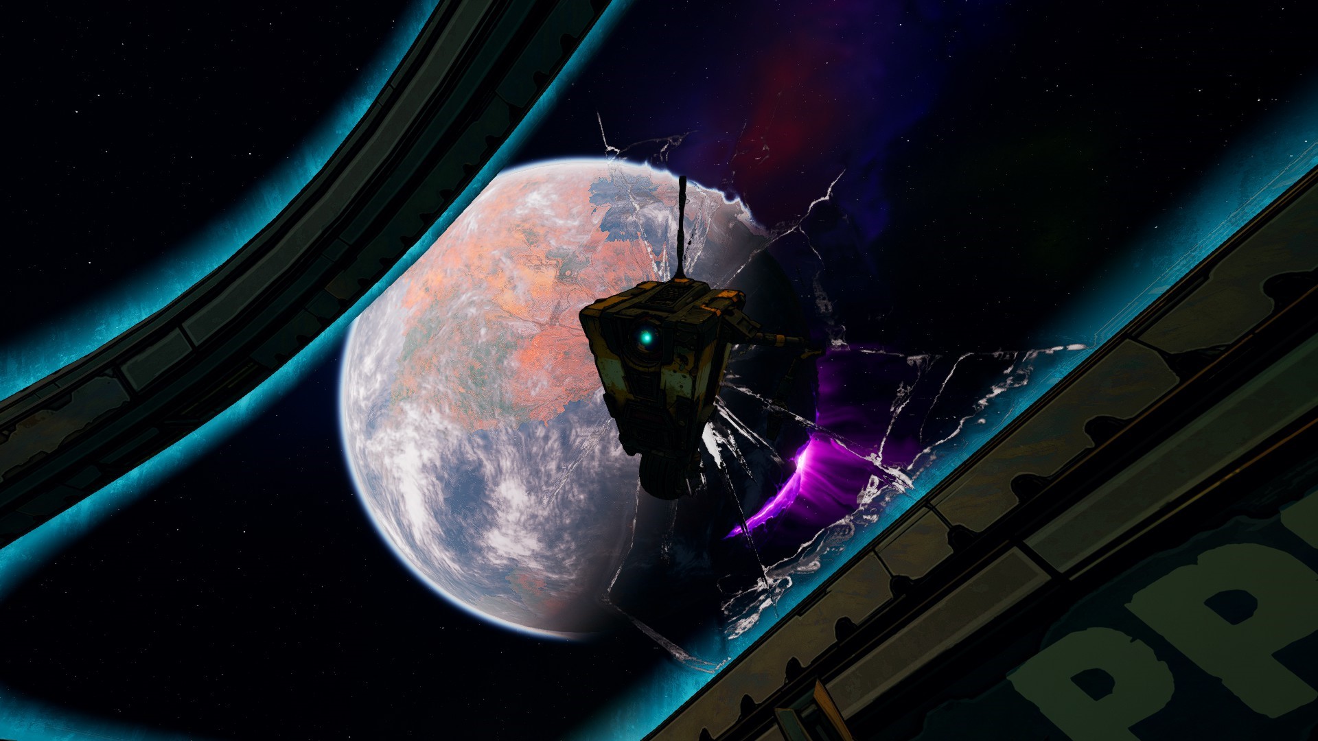 Claptrap from Borderlands in space with a planet HD Wallpaper