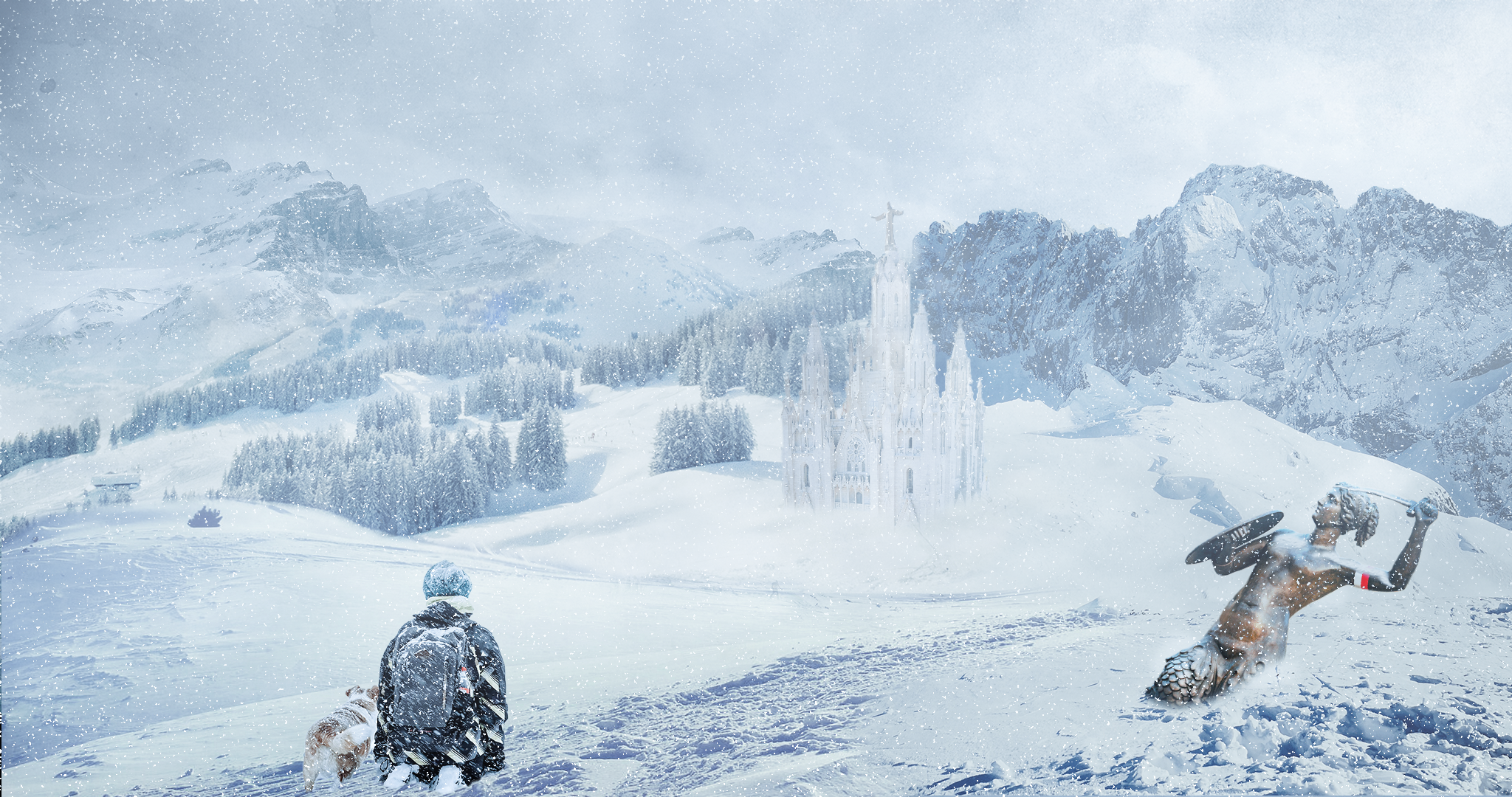 Snowy mountain landscape with ice castle and warrior HD Wallpaper